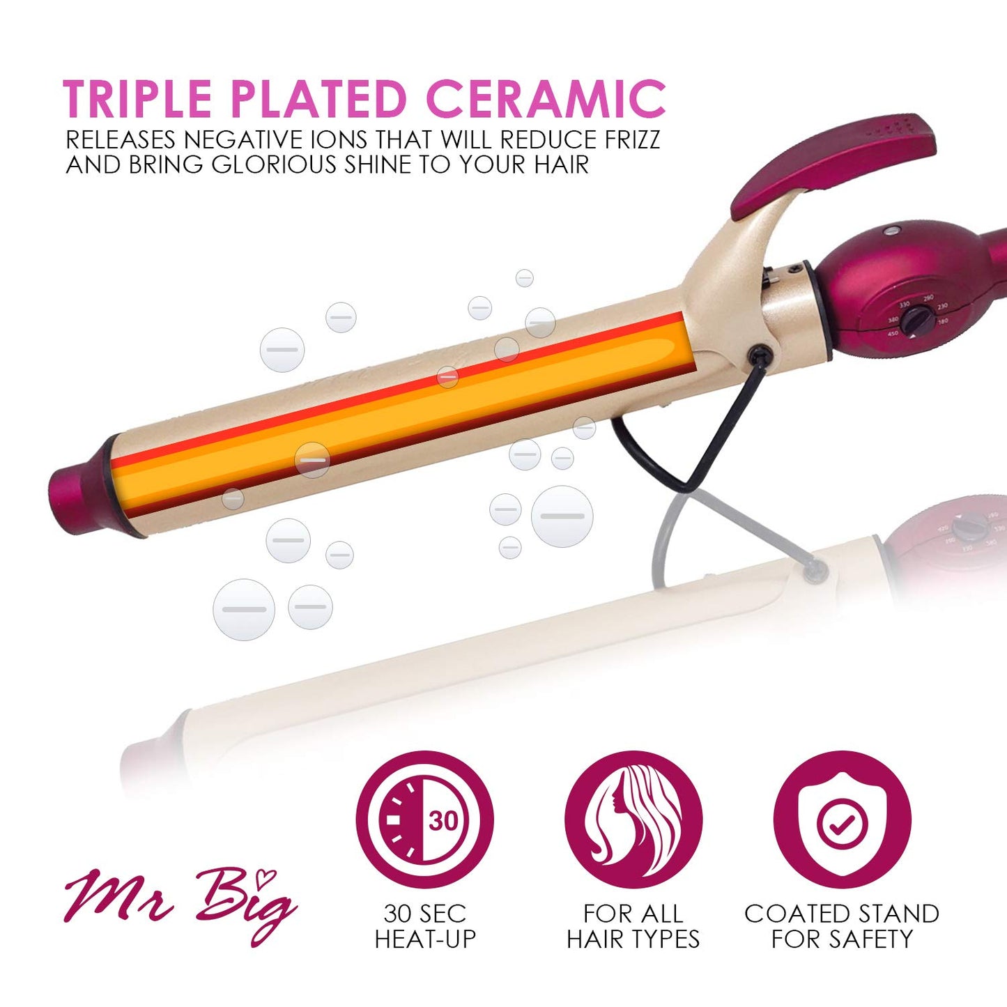 Mr Big Original Hair Curling Iron Wand - The Best, Longest XL Styling Curling Irons for Long Hair on The Market, Change Flat Bed Head Hair with This Waver Curler into Beach Waves, 9.5" Barrel, 1"