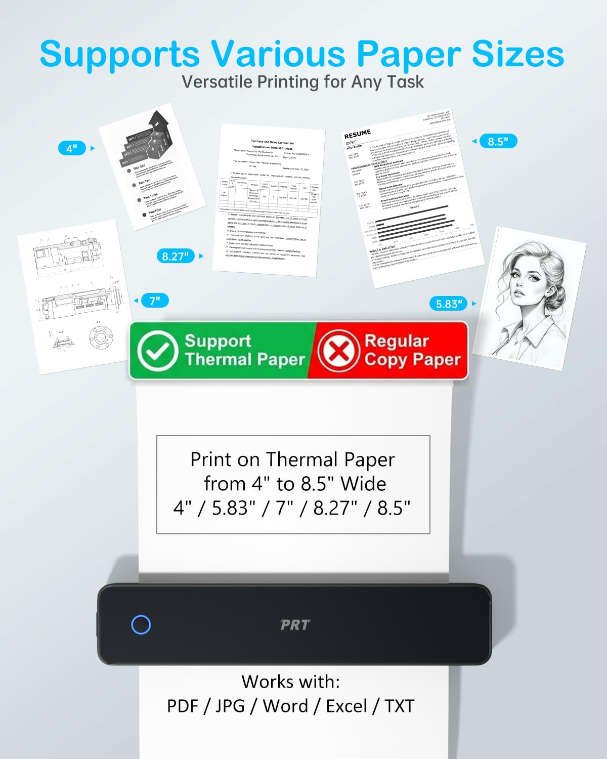 PRT Inkless Portable Printer for Travel, Wireless Thermal Printer Support 8.5 x 11 US Letter A4 B5, Bluetooth Mobile Printers for Laptop, iPhone, Android for Home, Car, Office, School, MT610 Black