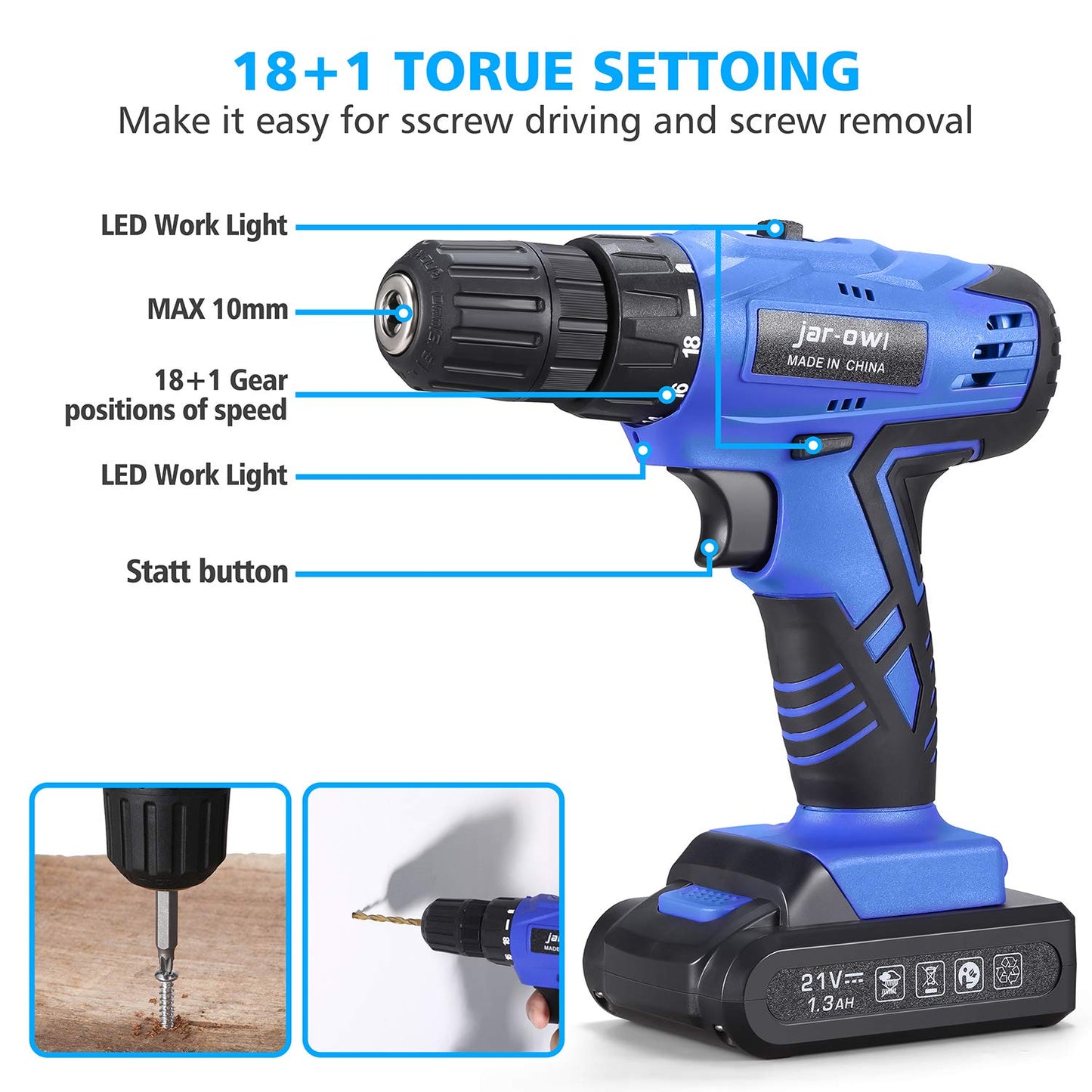 112 Piece Power Tool Combo Kits with 21V Cordless Drill, Professional Household Home Tool Kit Set with DIY Hand Tool Kits for Garden Office House Repair Maintain-Blue
