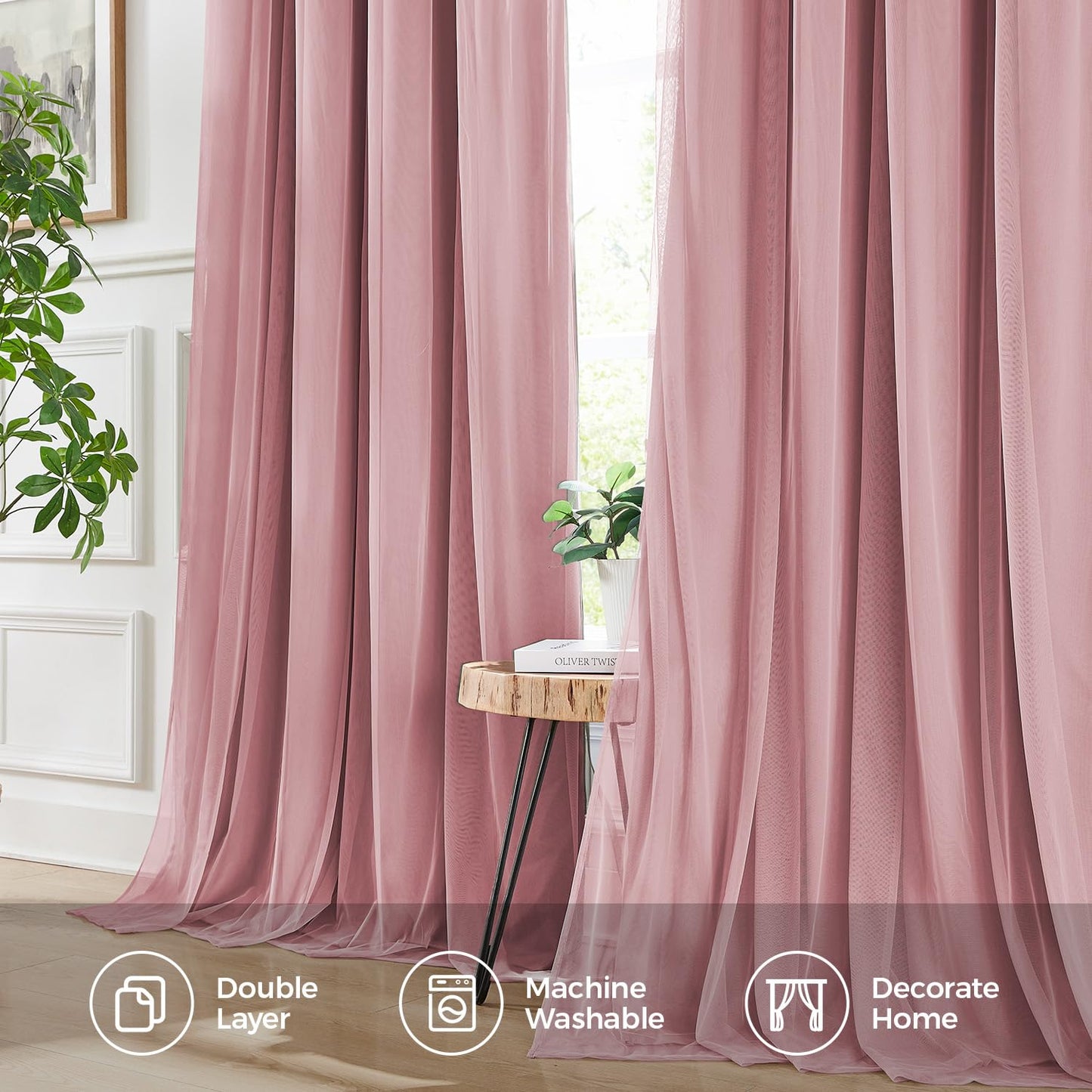Swandream 100% Blackout Curtains for Bedroom, Double Layer Pink Curtains, Black Out Curtain 84 inch Long with Sheer Overlay for Living Room, Room Darkening Window Drapes with Grommet, 52" W x 84" L