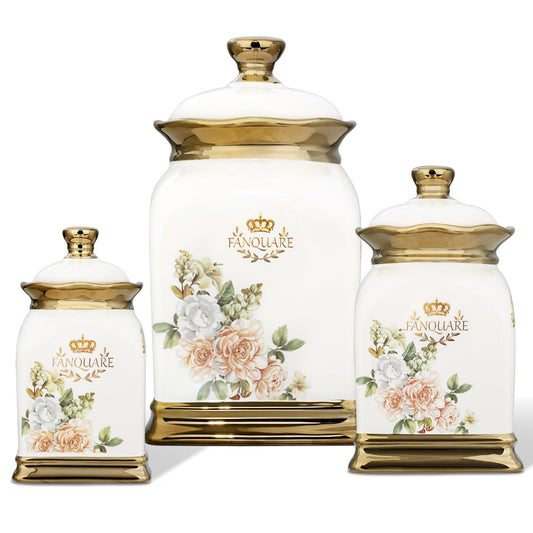 fanquare Floral Canisters with Gold Trim, Ceramic Decorative Countertop Jars, Farmhouse Porcelain Cookie Jar and Sugar Bowl Set with Airtight Lid