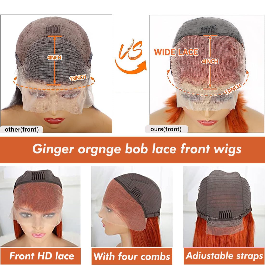 RQY Ginger Bob Wig Human Hair 8inch 13X4 Ginger Lace Front Bob Human Hair Wigs 180% Density Straight Ginger Orange Bob Lace Front Human Hair Wigs Pre Plucked Natural Hairline With Baby Hair