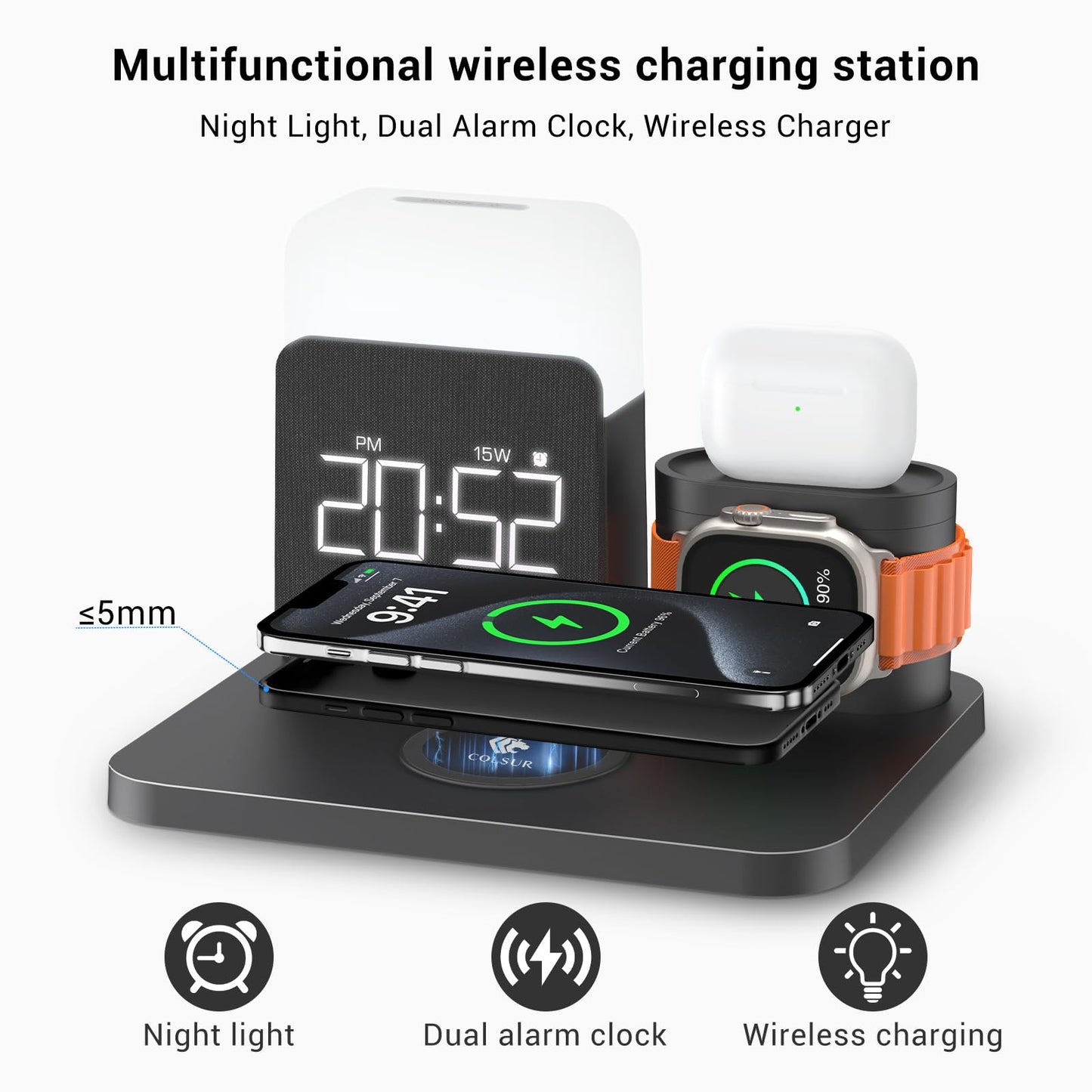 7 in 1 Charging Station for iPhone, Wireless Charging Station, Alarm Clock, Night Light, Wireless Charger for iPhone 16 15 14 13 12 Pro Max & Apple Watch - Charging Stand Dock for AirPods