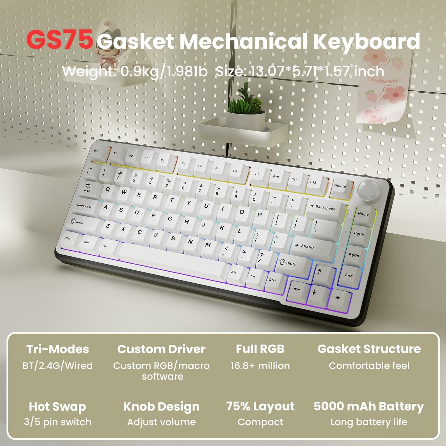 SEUNKWANG EWEADN GS75 Wireless Mechanical Keyboard ASMR, 75% Gaming Keyboard Gasket Hot Swappable Custom Keyboards with RGB, Knob, PBT Keycaps BT5.0/2.4G/USB-C Creamy Keyboards White