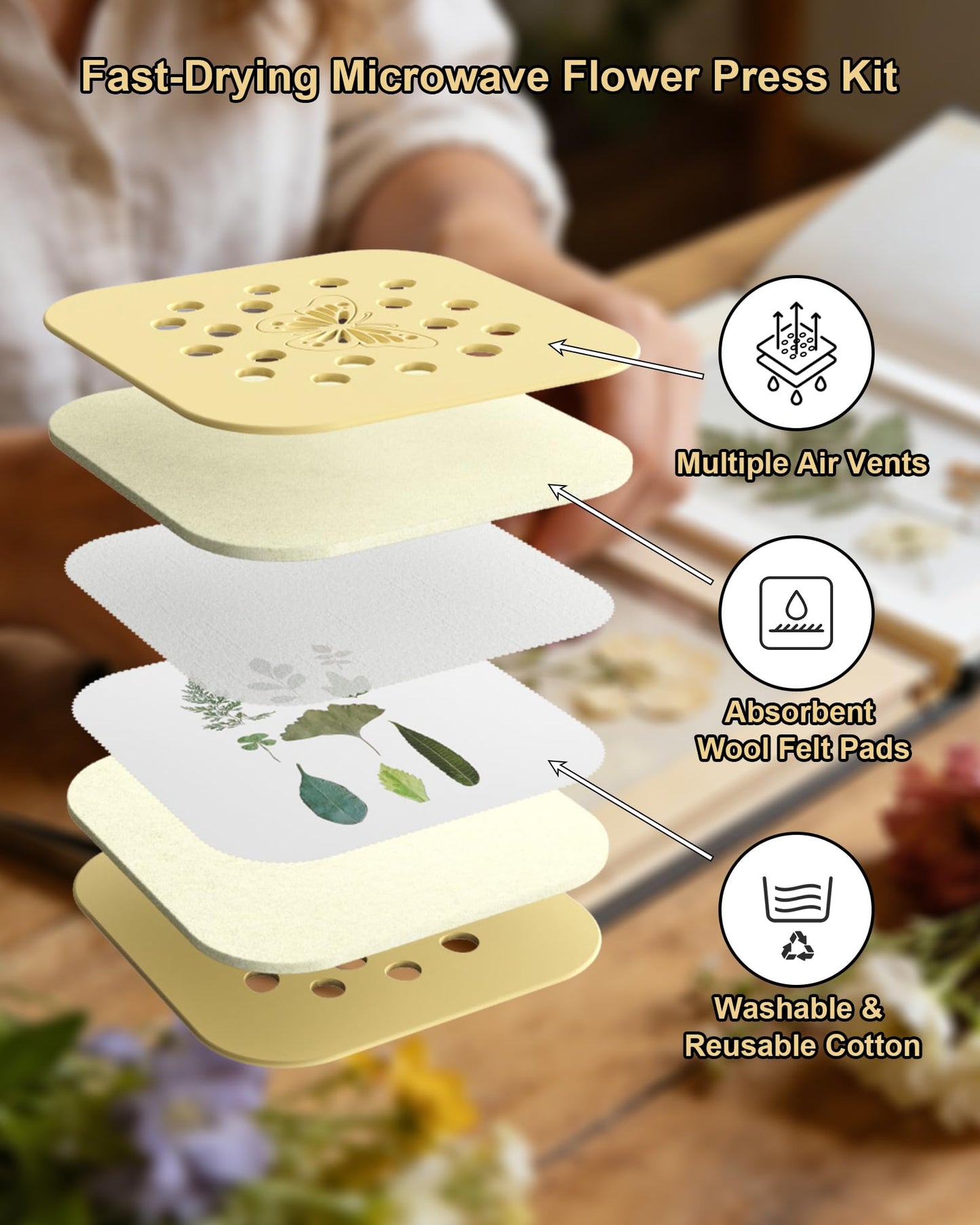 NEIGIKI Microwave Flower Press Kit, 9" Fast-Drying Flower Pressing Kit with Reusable & Washable Cloth, Vibrant Color Retention for Crafts Pressed Flowers, Great Gifts for DIY Art Craft Lovers