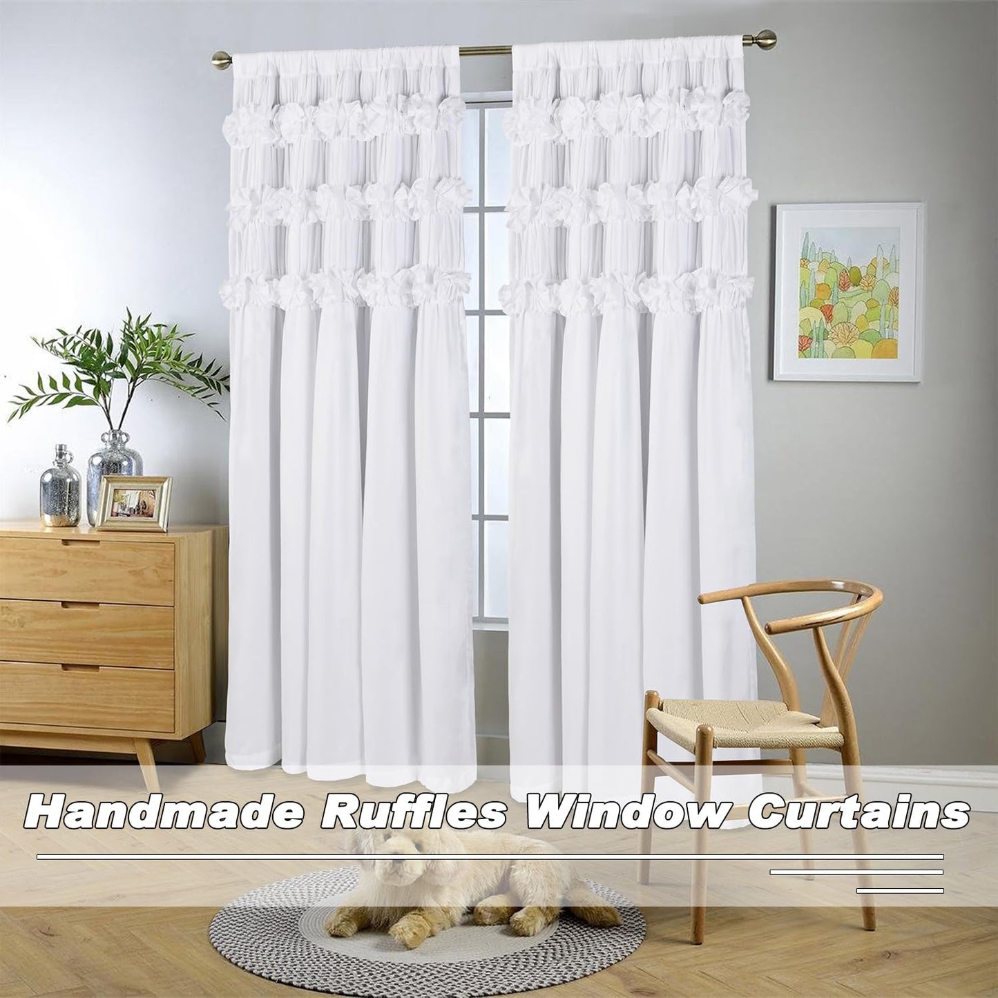 Homechoice Decor White Blackout Drapes - Handmade Ruffles & Butterfly Flower Accents Heat Blocking Window Curtain 54" x 84" x 2 Panels - Thermal Insulated, Soundproof & Light Reducing Curtains (LQ-37)