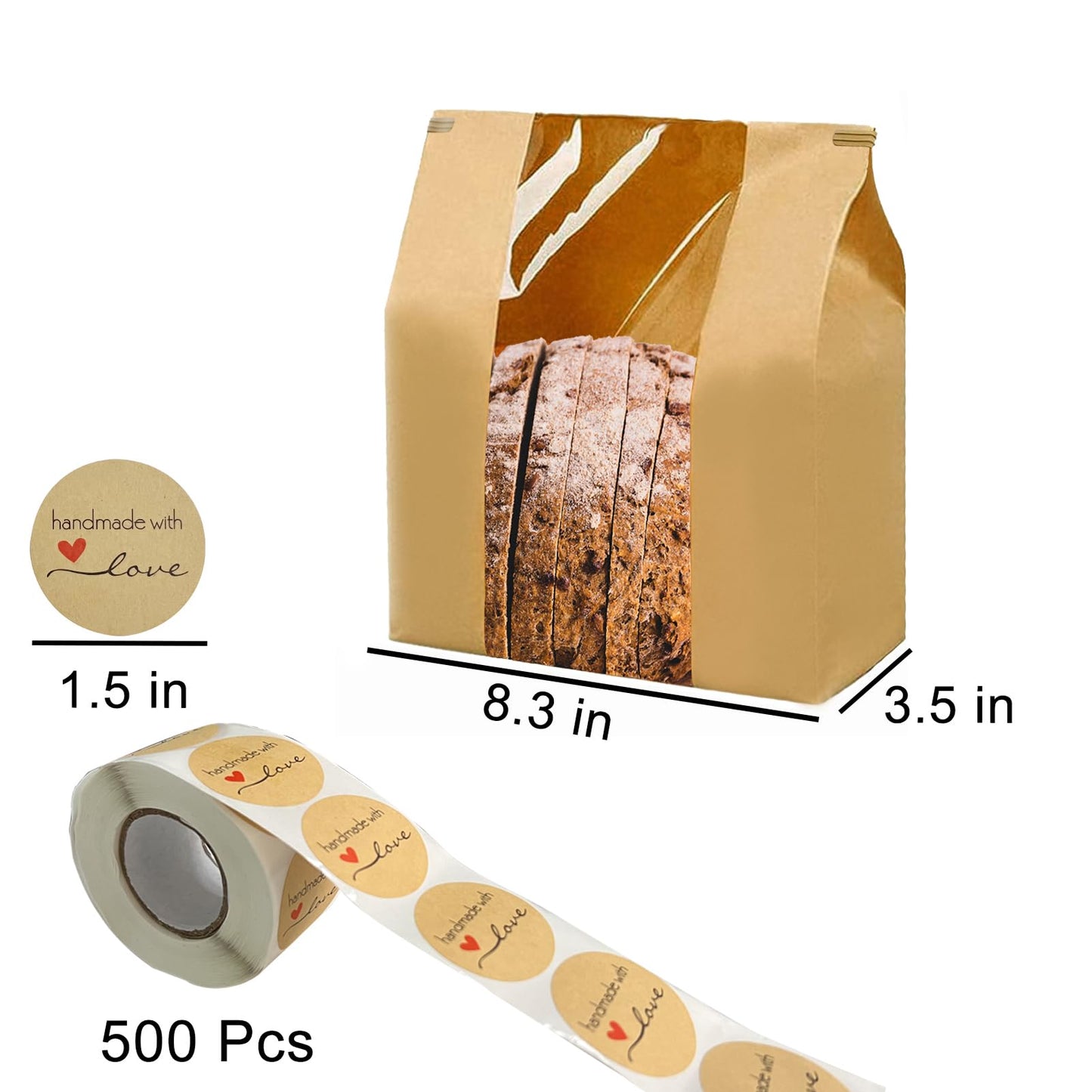 NOONEAST 200 Pack Large Paper Bread Bags for Homemade Bread Sourdough Bags 14" x 8.3" x 3.5" with Tin Tie Tab Lock Clear Front Window Bakery Bag Packaging Cookie Bag with Label Seal Stickers