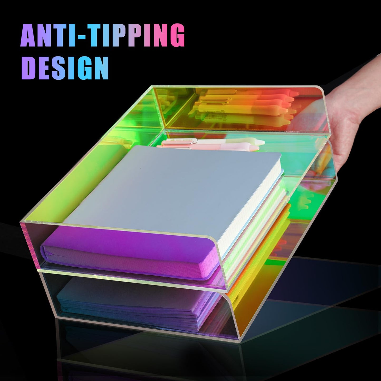 NiOffice Acrylic Letter Tray 2-Tier Iridescent Stackable Desk Paper Tray Organizer and Office Accessories Supplies, Rainbow Letter Size Desk Accessories Storage Organization (Portrait)