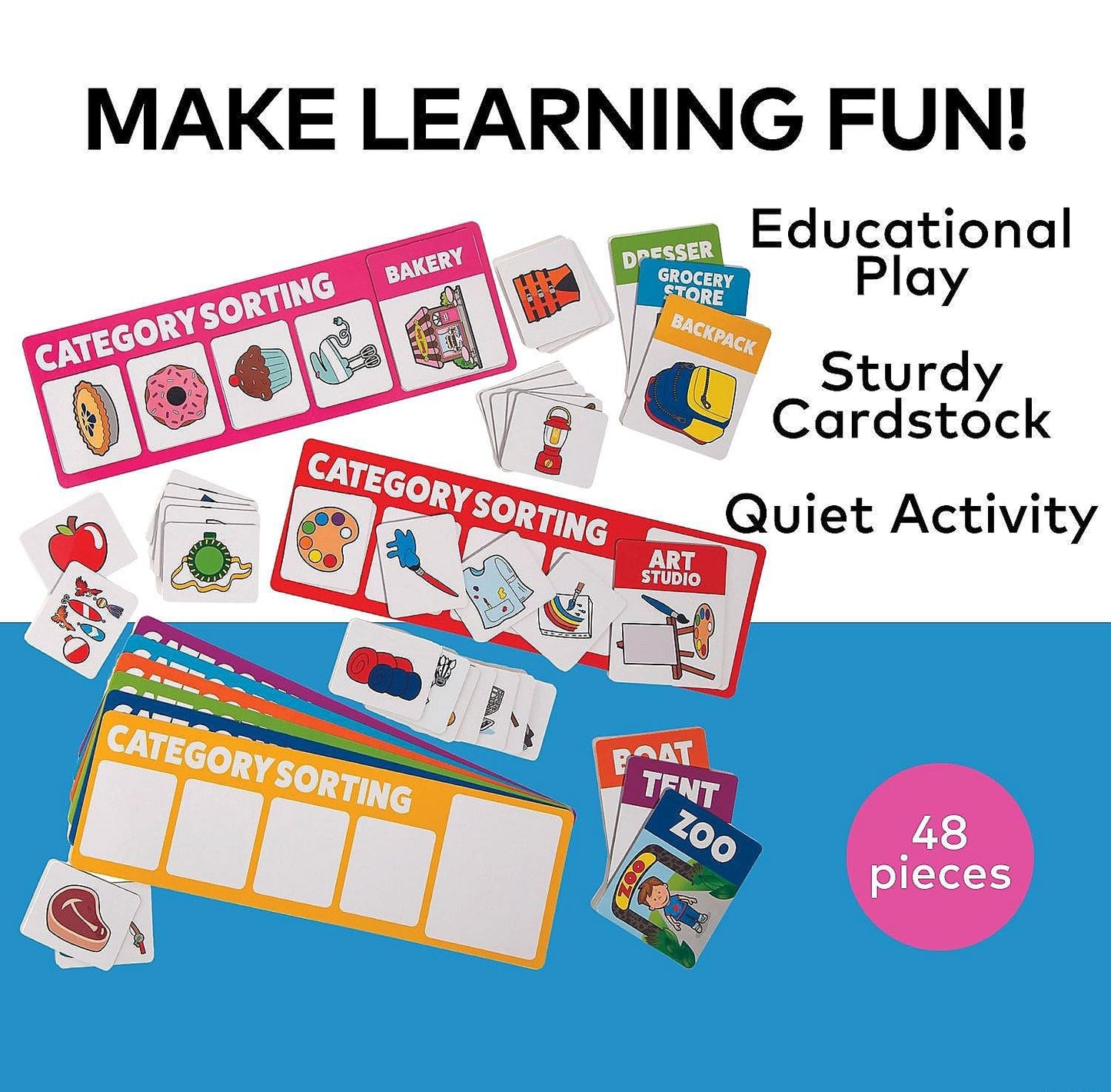 Category Sorting Picture Card Cardstock Activity with Storage Bag - 48 Piece Set - Teaching and Learning Activities for Home and School