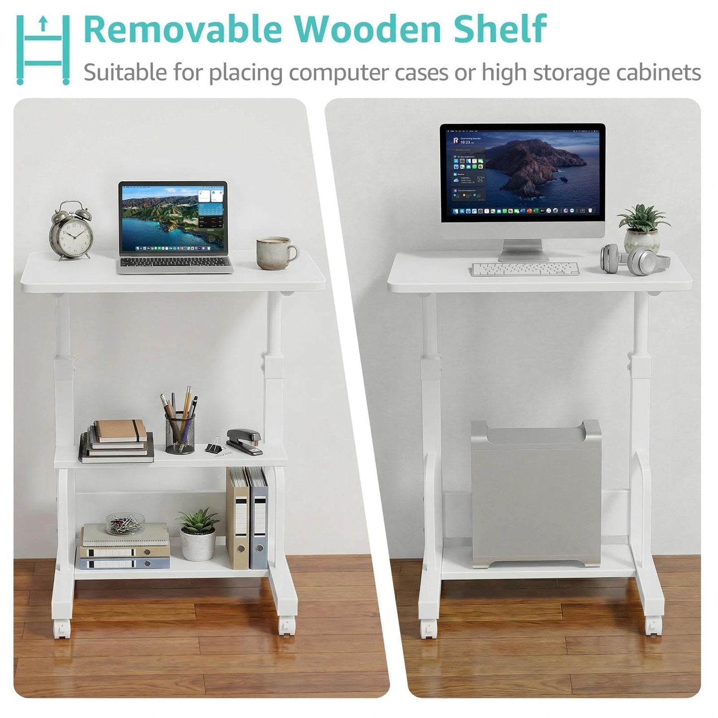 WINAZ Small Bedroom Laptop Rolling Desk - 24" White Mobile Kids Desk with Wheels for Small Spaces, Height Adjustable C Shaped Side Table with 2-Tier Storage Shelves