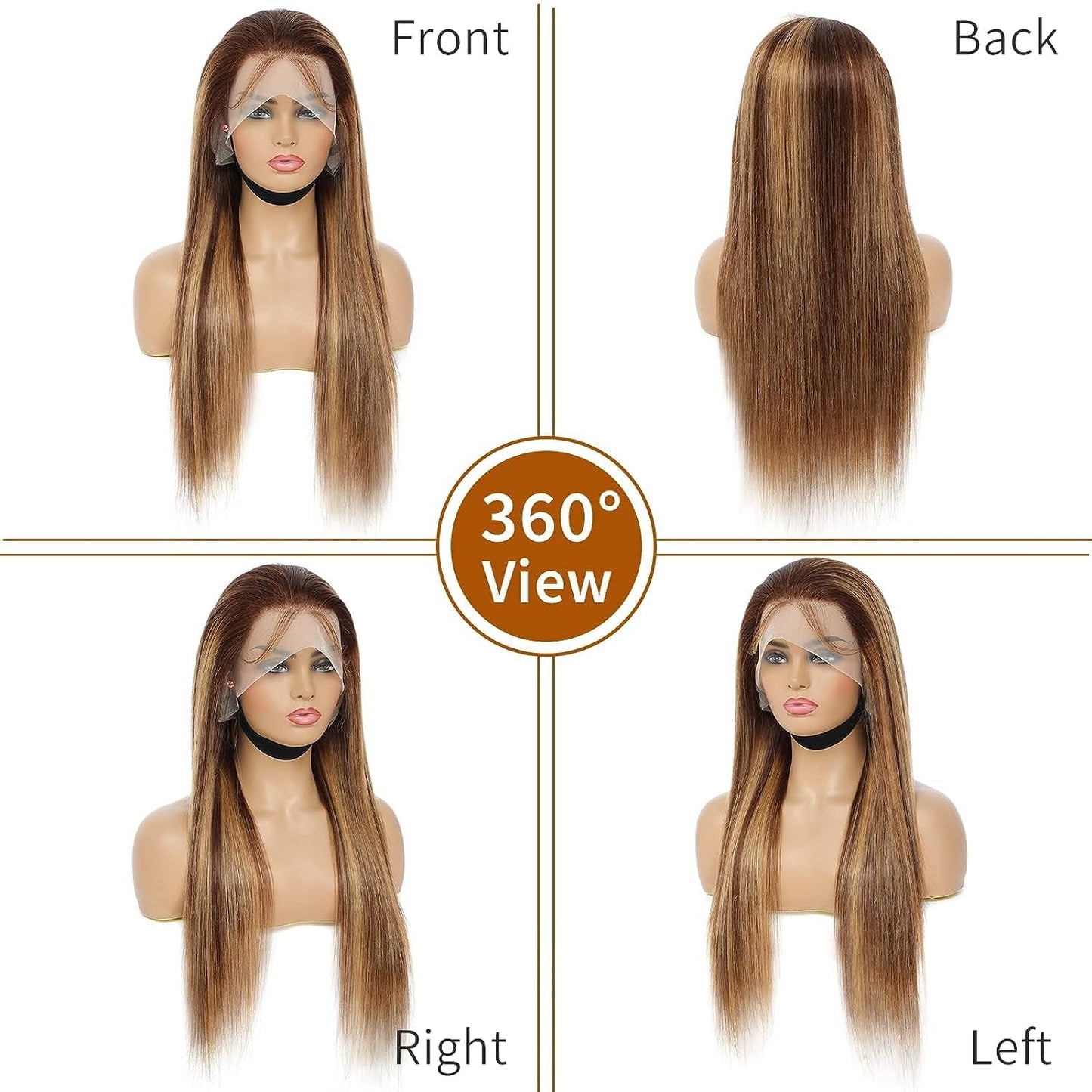 360 Lace Front Wigs Human Hair Highlight Ombre Straight Honey Blonde HD Transparent Lace Pre Plucked with Baby Hair 12A Brazilian Virgin Remy Hair P4/27 Colored Human Hair Wig 150% Density 18 Inch