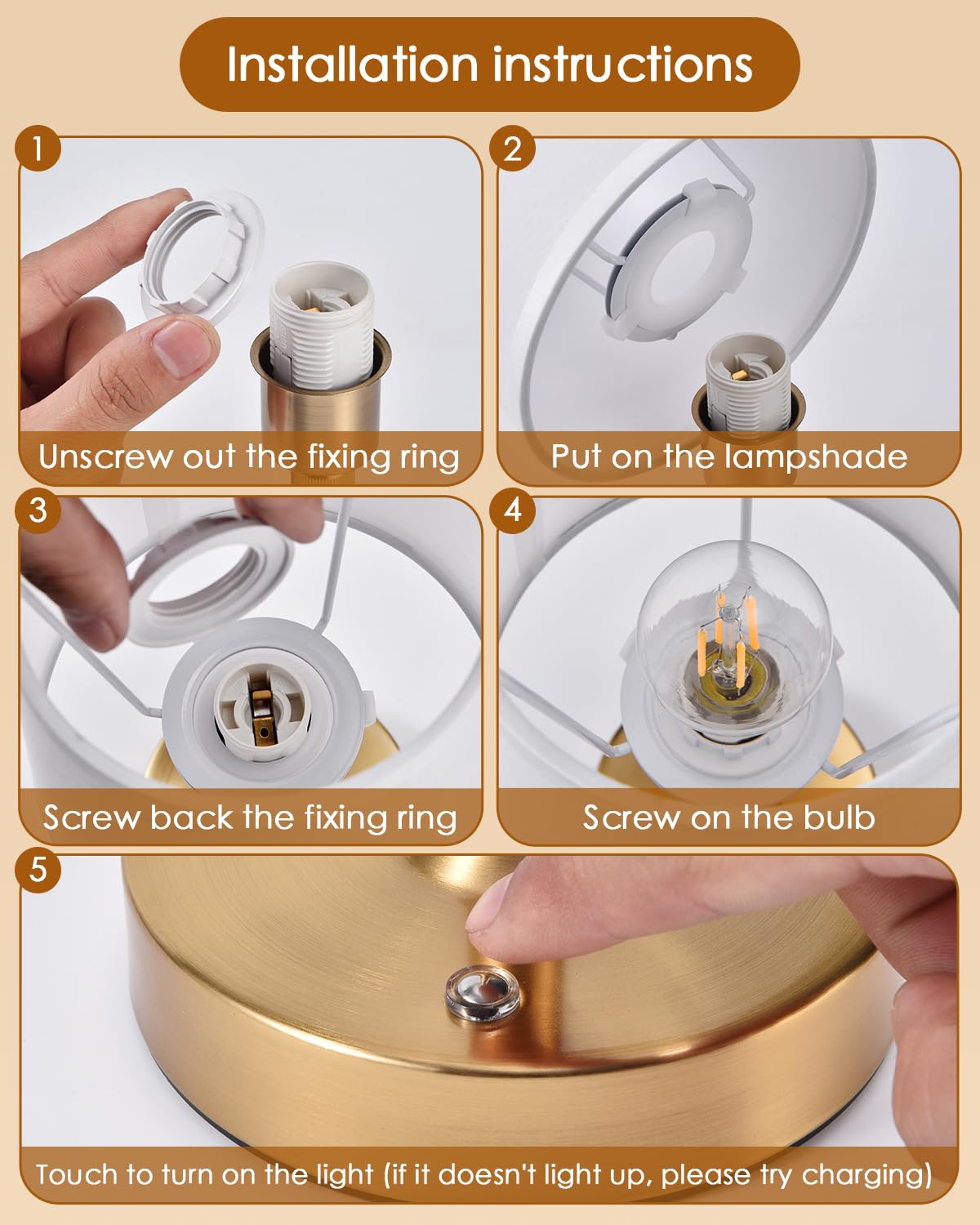 Cordless Table Lamps Rechargeable Wireless Touch Lamp for Living Room 5200mAh Battery Operated Lamp Small Gold LED Lamps for Kitchen Counter Home Bathroom Nightstand Shower Gifts for Dad Mom