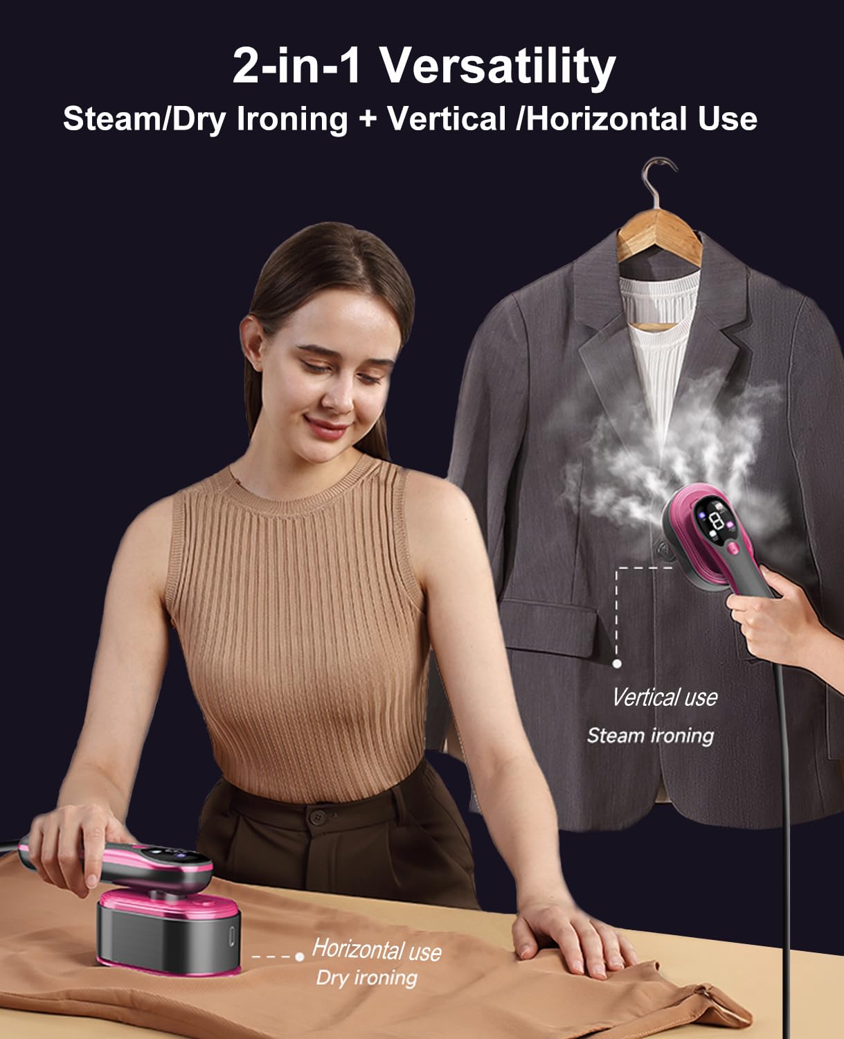 ADPTOYU 2-in-1 Steamer & Iron for Clothes, Portable Handheld Garment Steamer with LED Display, Large Ceramic Panel Travel Clothes Steamer Iron, 10s Fast Heat-Up All-Fabric Remove Wrinkle (Purple)