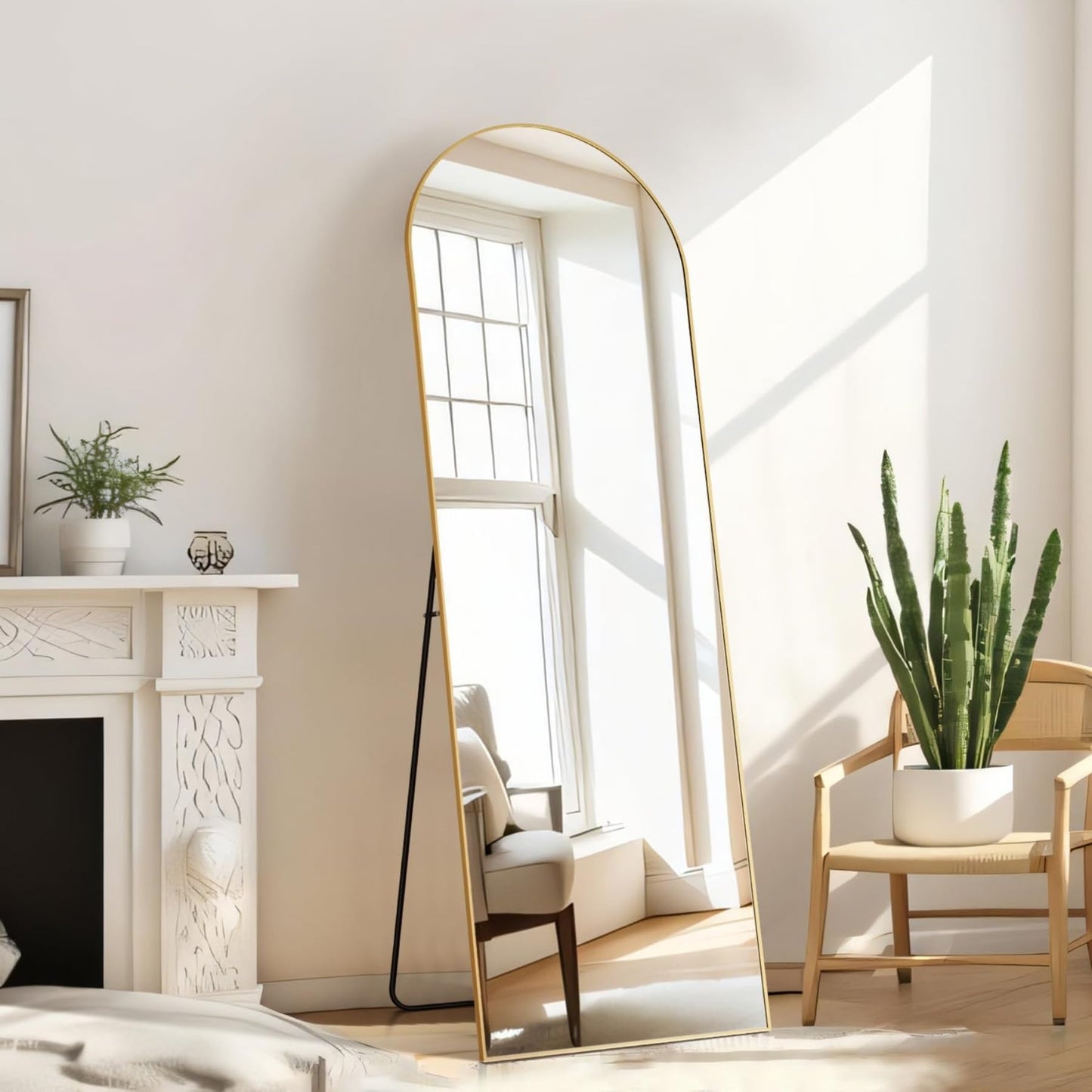 Aidoly Arched Mirror Full Length, Upgraded 16"x59" Body Wall Mirrors with Shatter-Proof Glass, Floor Standing, Hanging or Leaning, Tall Arch Mirror with Stand Aluminum Alloy Frame for Bedroom, Gold
