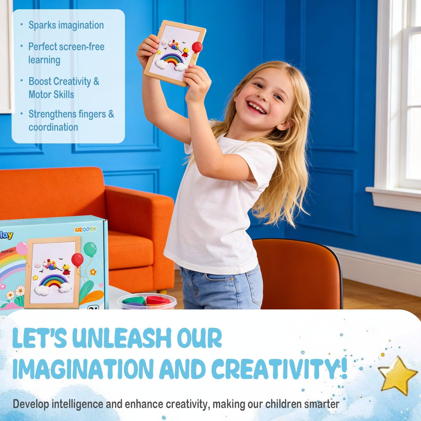 KizDoToy DIY Picture Frame Clay Art Kit for Kids - Rainbow Theme Air Dry Clay Set with Wooden Frame, Tools & Tutorial Cards, Creative Arts and Crafts Gift Set for Children Ages 3+
