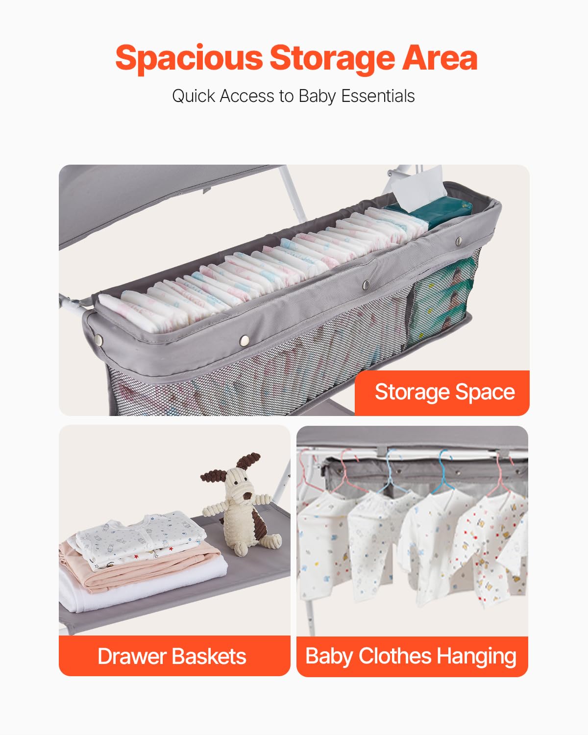 VEVOR Baby Changing Table, Foldable Diaper Change Station with Side Basket, Adjustable Height Changing Table with Lockable Wheels, Multi-Functional Nursery Storage Organizer, Gray