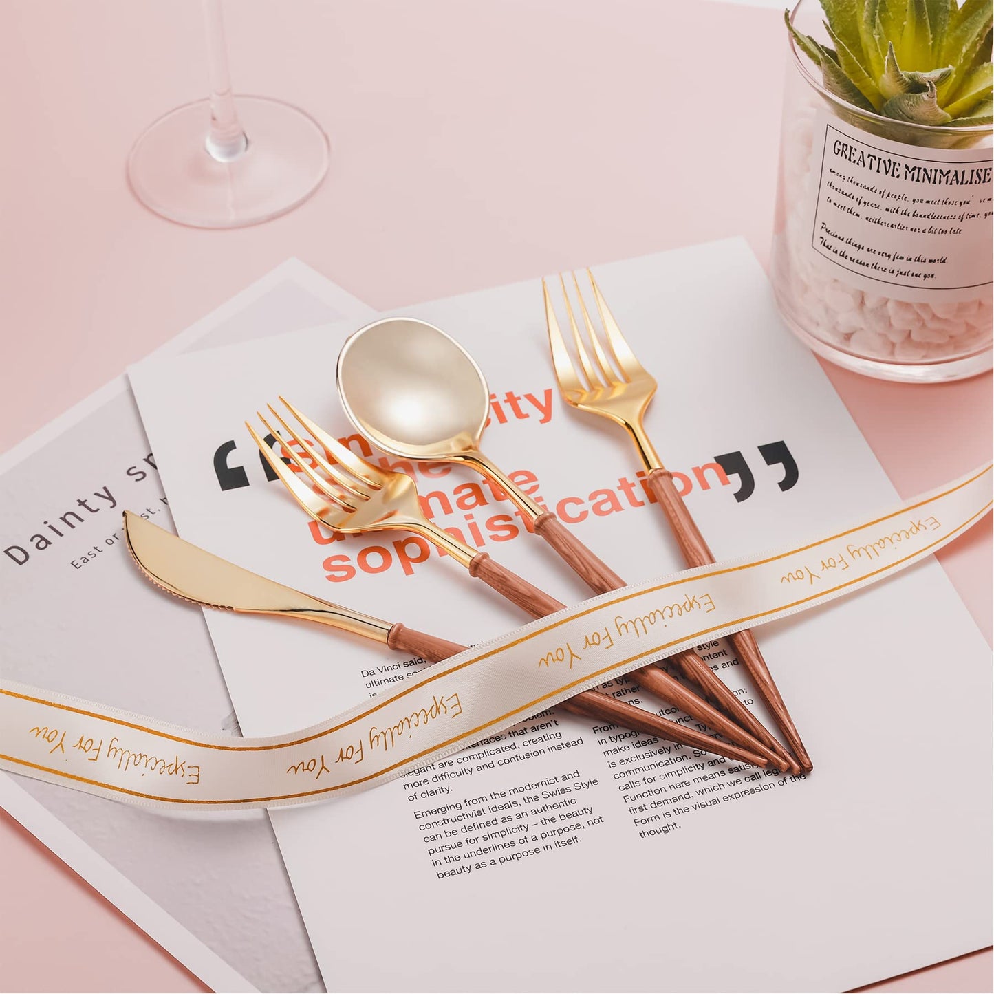 Lullaby 240PCS Gold Plastic Silverware, Gold Disposable Cutlery with Wood Grain Handle Include 80 Forks, 80 Spoons, 80 Knives, Elegant Disposable Silverware for Wedding, Party, Gathering, Daily Use