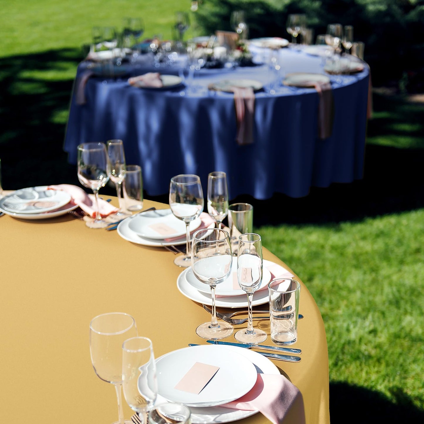 Buryeah 12 Pcs 84 Inch Navy Blue and Gold Round Plastic Disposable Table Cloth Waterproof Tablecloth Circle Table Covers for Passover Graduation Bridal Wedding Birthday Party Gender Reveal Baby Shower