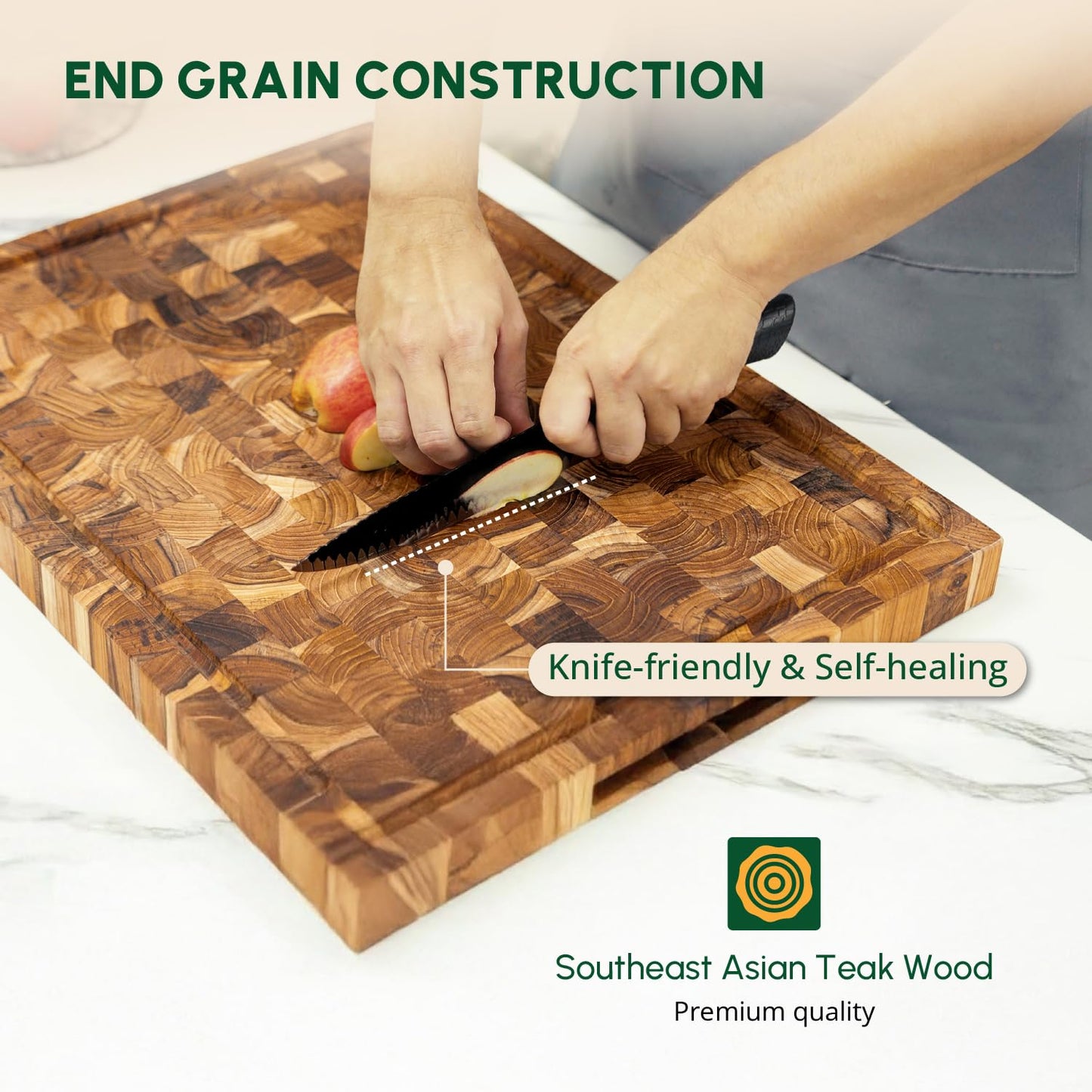 BEEFURNI Teak Wood End Grain Cutting Board (M, 18x14x1.5"), Wooden Cutting Boards for Kitchen with Juice Groove Hand Grip, Durable Serving Board, Charcuterie Boards, Christmas Gifts, 1 Year Warranty