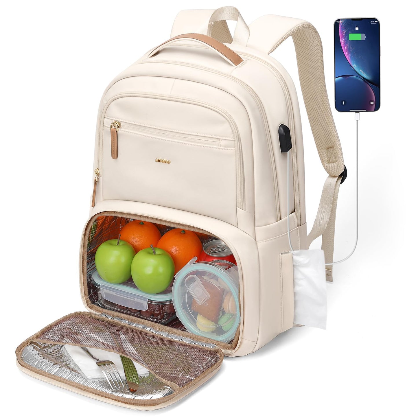MDODO Lunch Backpack for Women Men,15.6Inch Insulated Lunch Box Backpack with USB Charging Port, Diaper Laptop Back pack for Travel Picnic Work Teacher Nurse,Beige