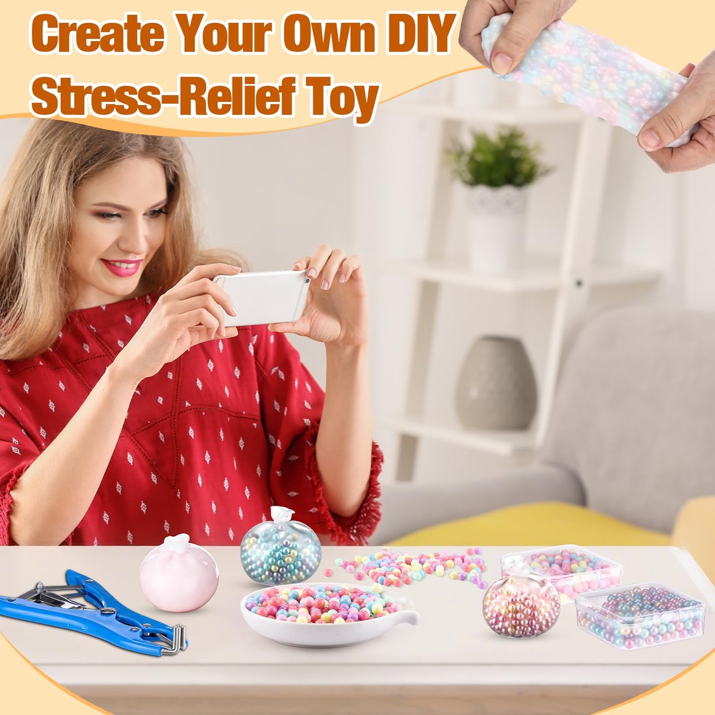 Simgoing 12 Sets DIY Stress Ball Making Kit Milky Blank Stress Ball DIY Kit with 12 Skins Empty Squeeze Balls Fill Beads Expander Tool Vacuum Evacuating Device for Make Your Own Pressure Balls