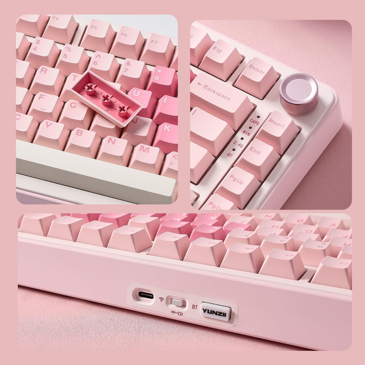YUNZII B75 PRO Wireless Mechanical Keyboard,75% Layout with Knob,Hot Swap Gasket Custom Structure,Creamy Pre-lubed Switches,RGB Backlit,Bluetooth/Type-C/2.4G for Win/Mac(Milk Switch,Pink)