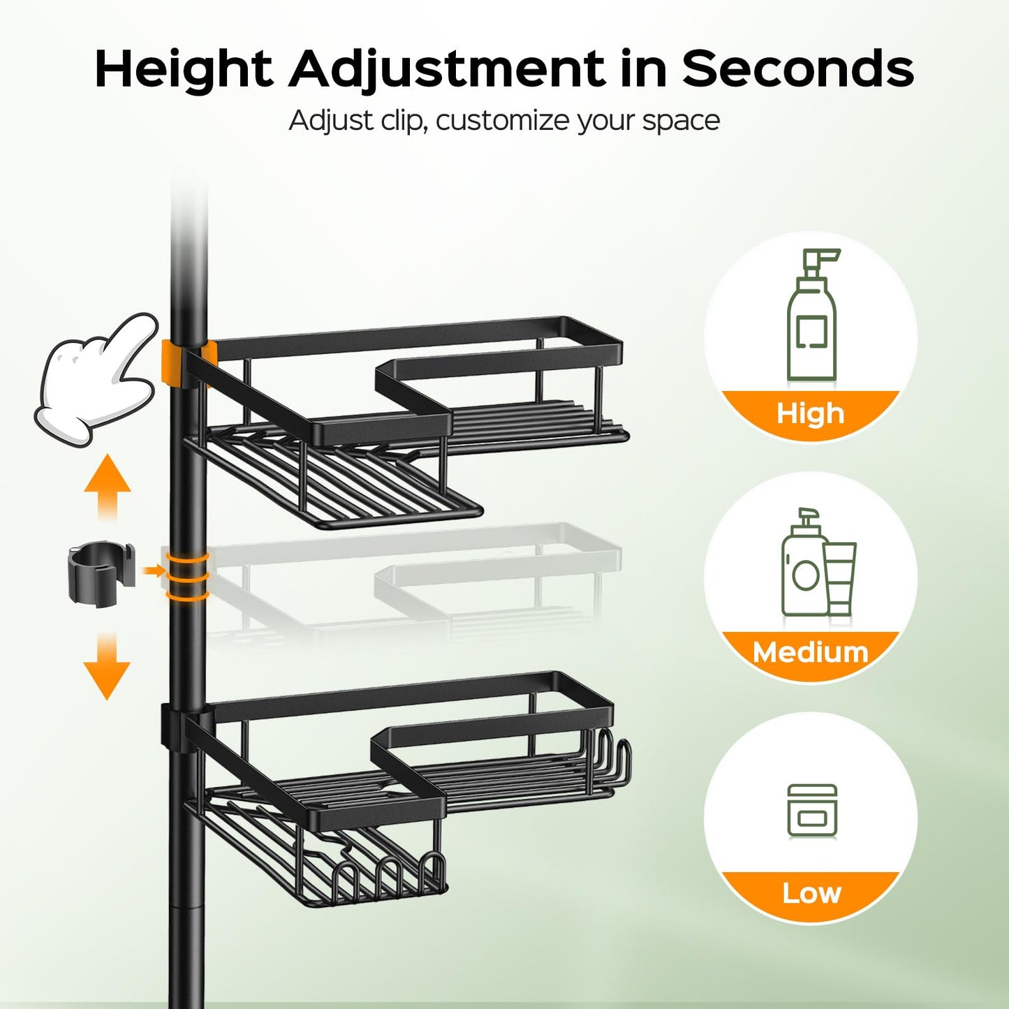 HAMITOR Shower Caddy Tension Pole: 4-Tier Corner Rustproof Bathroom Organizer with Soap Holder & Hooks - No-Drill Adjustable Shower Shelf for Renters - Family Stand Storage Rack - 47-123 Inch Black