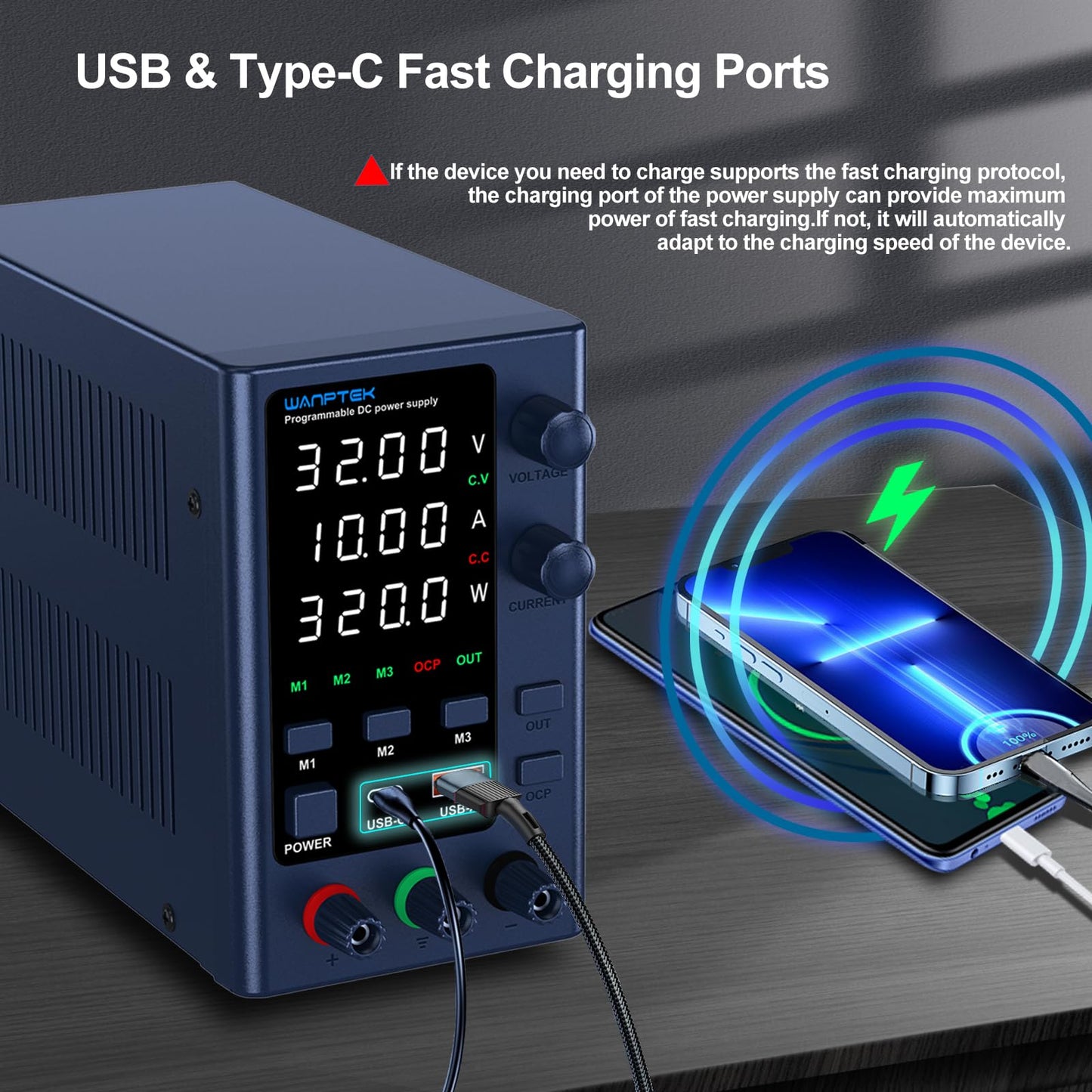 WANPTEK POWER DC Power Supply Variable 0-32V 0-10A Bench Power Supplies Adjustable with Memory Storage/USB-A&Type-C Fast Charge/OCP&Output Function /4-Digit LED Display/