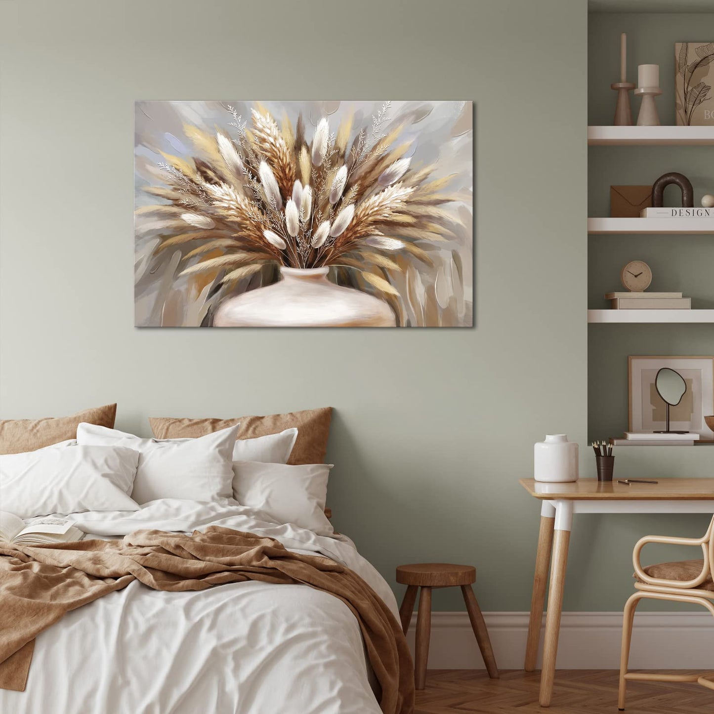 iHAPPYWALL Large Pampas Grass Wall Art Boho Botanical Modern Farmhouse Plant Dried Floral Grass in Vase Canvas Prints for Home Kitchen Bedroom Stretched and Framed Ready to Hang 24x36inch