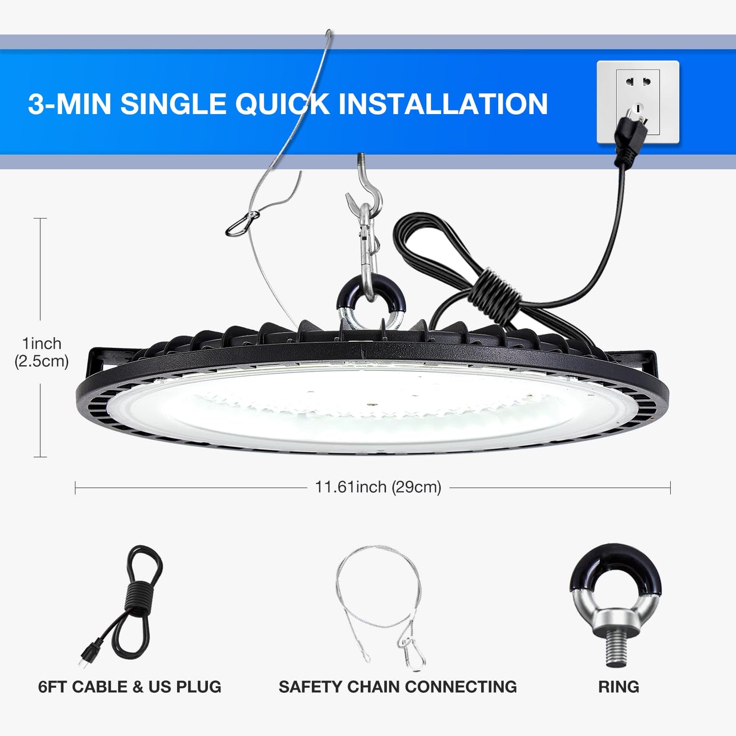 4 Pack Led High Bay Light 200W, 6500K UFO High Bay Led Shop Lights with 22000 lm, Durable High Bay Lighting with US Plug & Brackets, IP65 Commercial Light Fixture for Workshop, Warehouse