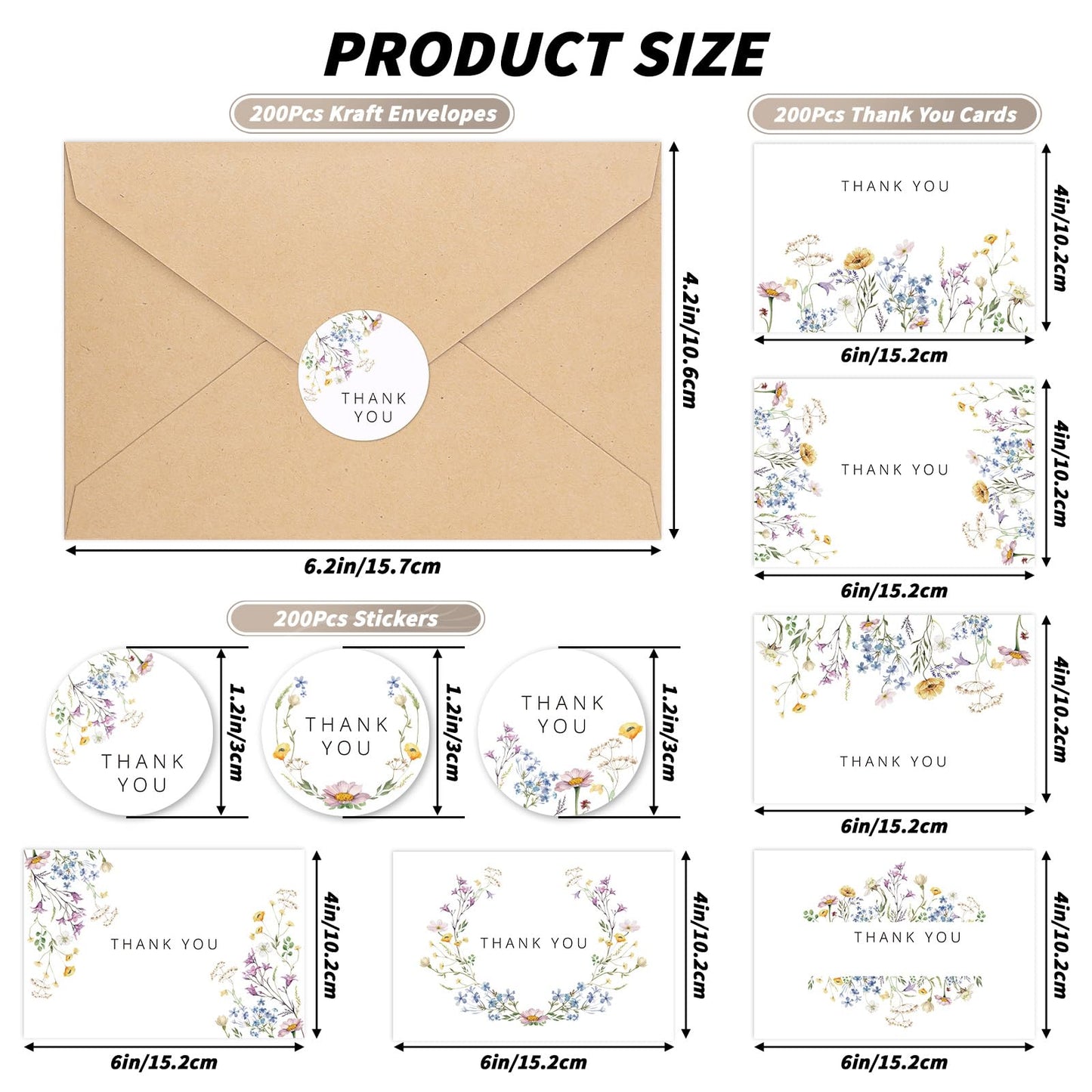 UZLU 600 PCS Floral Thank You Cards with Envelopes and Stickers, 4x6 Inch, 6 Wildflower Designs Thank You Notes, Greeting Cards with Envelopes for Wedding, Bridal Showers, Baby Showers