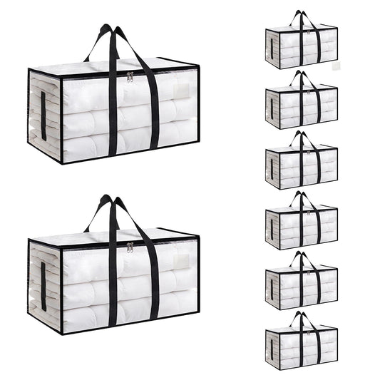 8 Pack-Extra Large Heavy Duty Moving Bags - Waterproof Storage Totes with Handles & Zippers, Foldable for College Dorm, Storage (Clear)