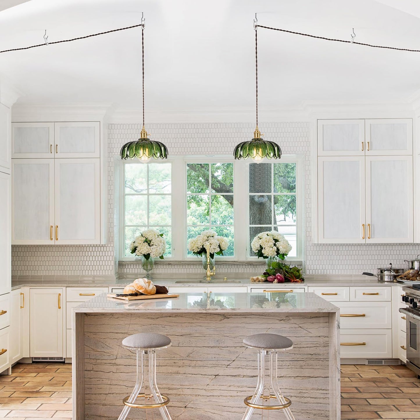 XZHGCEE Plug in Pendant Light Fixtures: Hanging Lamp Plug in Green Glass Pendant Lamp, Hanging Light for Kitchen Island, Bedroom, Dining Room, Living Room, E26 No Bulb