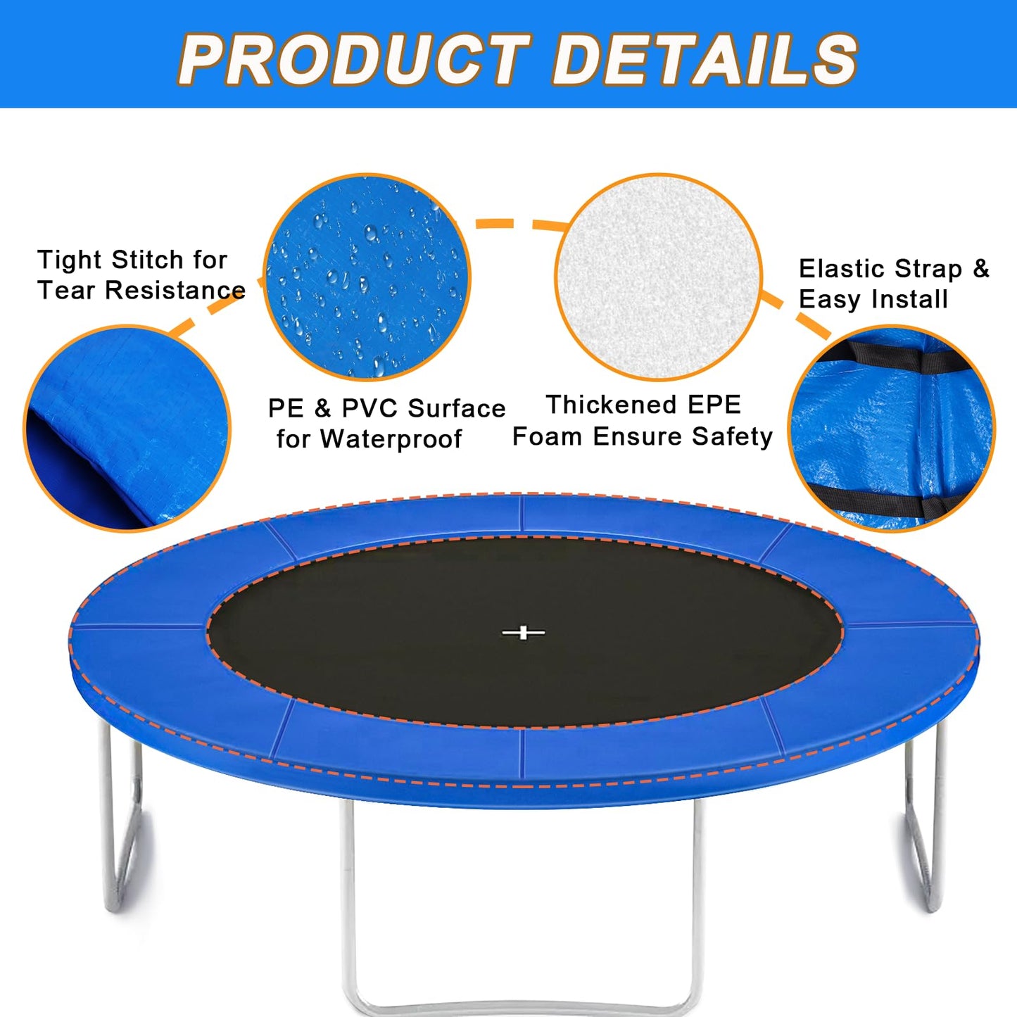 12 ft Trampoline pad Replacement, Trampoline Spring Cover, Thickened EPE Foam Tear-Resistant Waterproof Trampoline Safety Pad, No Holes for Pole
