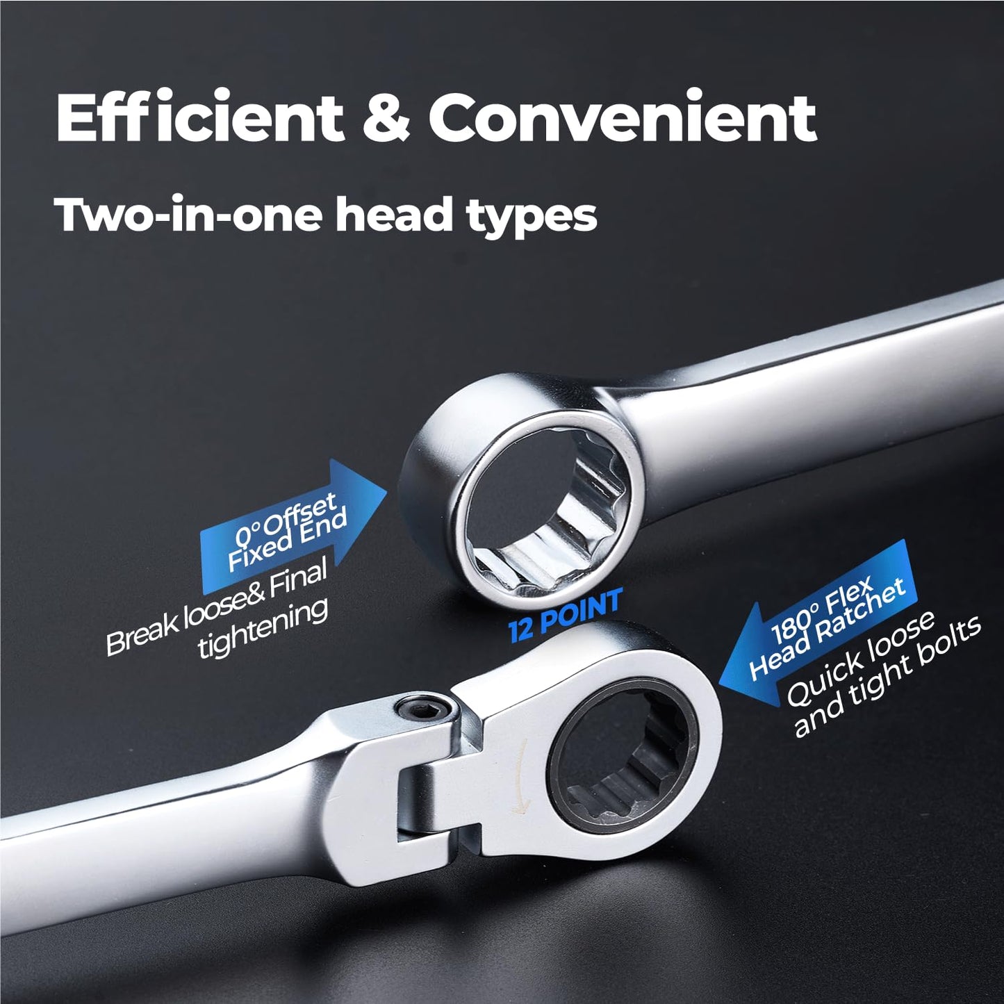 toolant Extra Long Ratcheting Wrench Set, Flex Head & Fixed Offset Head Double Box End Combination Wrench Set, CR-V Steel, Metric 8-19mm, 12PCS with Storage Tray