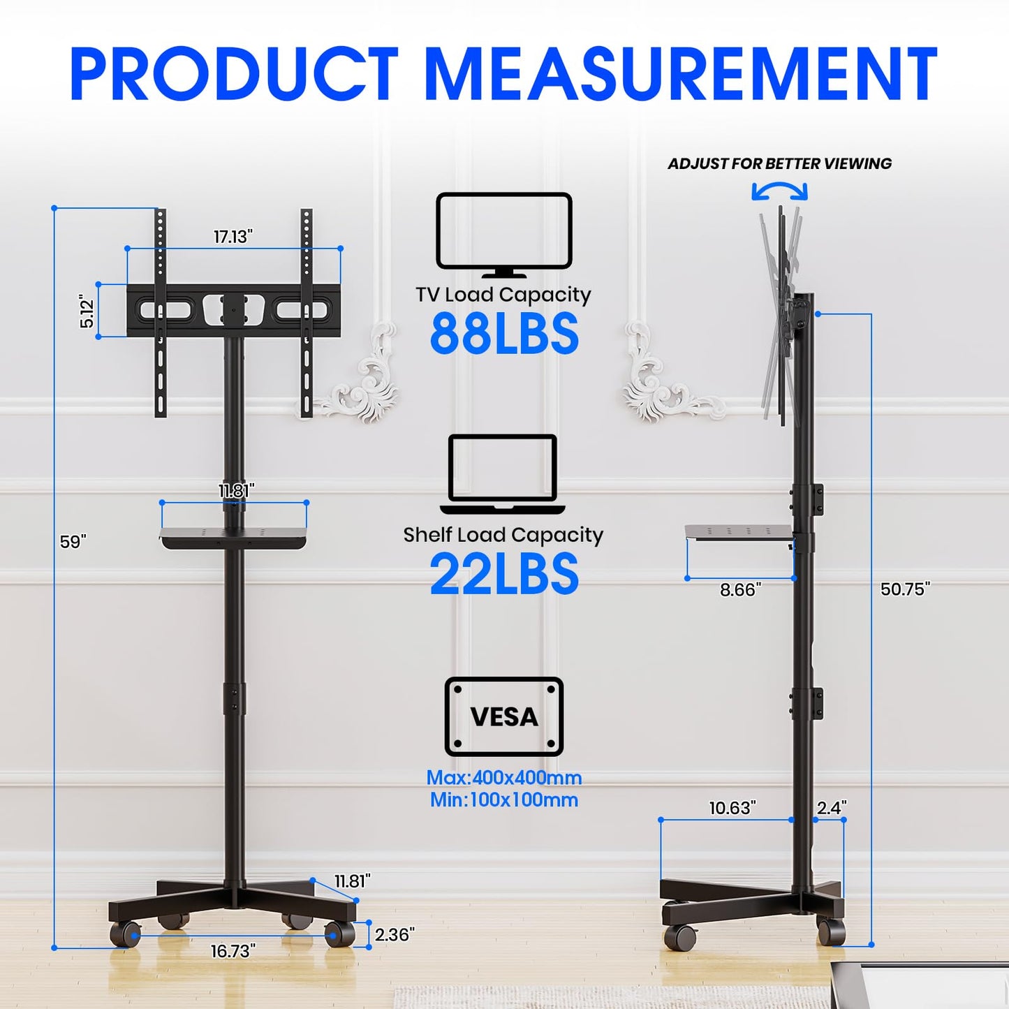 Zontera Mobile TV Stand for 23-60 Inch LCD LED OLED Flat Panel Curved Screen TVs up to 88 lbs, Tilt and Height Adjustable, Locking Rolling Wheels TV Cart with Shelf, Max VESA 400x400mm, Black