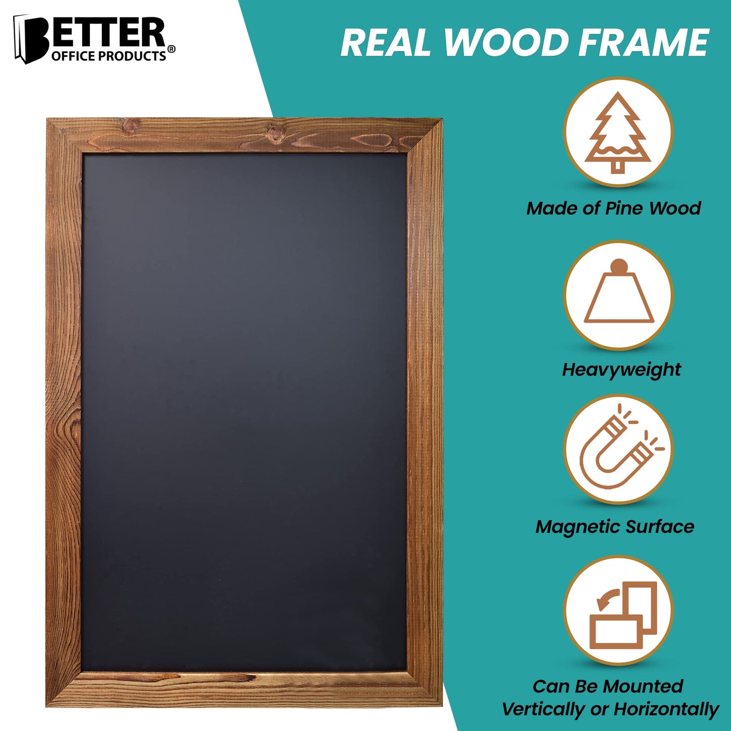 Better Office Products Magnetic Chalkboard, 20x30 Rustic Wood Frame Chalkboard Sign, Wall Mount Vertical/Horizontal, Includes Chalk Markers, Eraser, Chalk Board Easel Sign for Home Business Decor