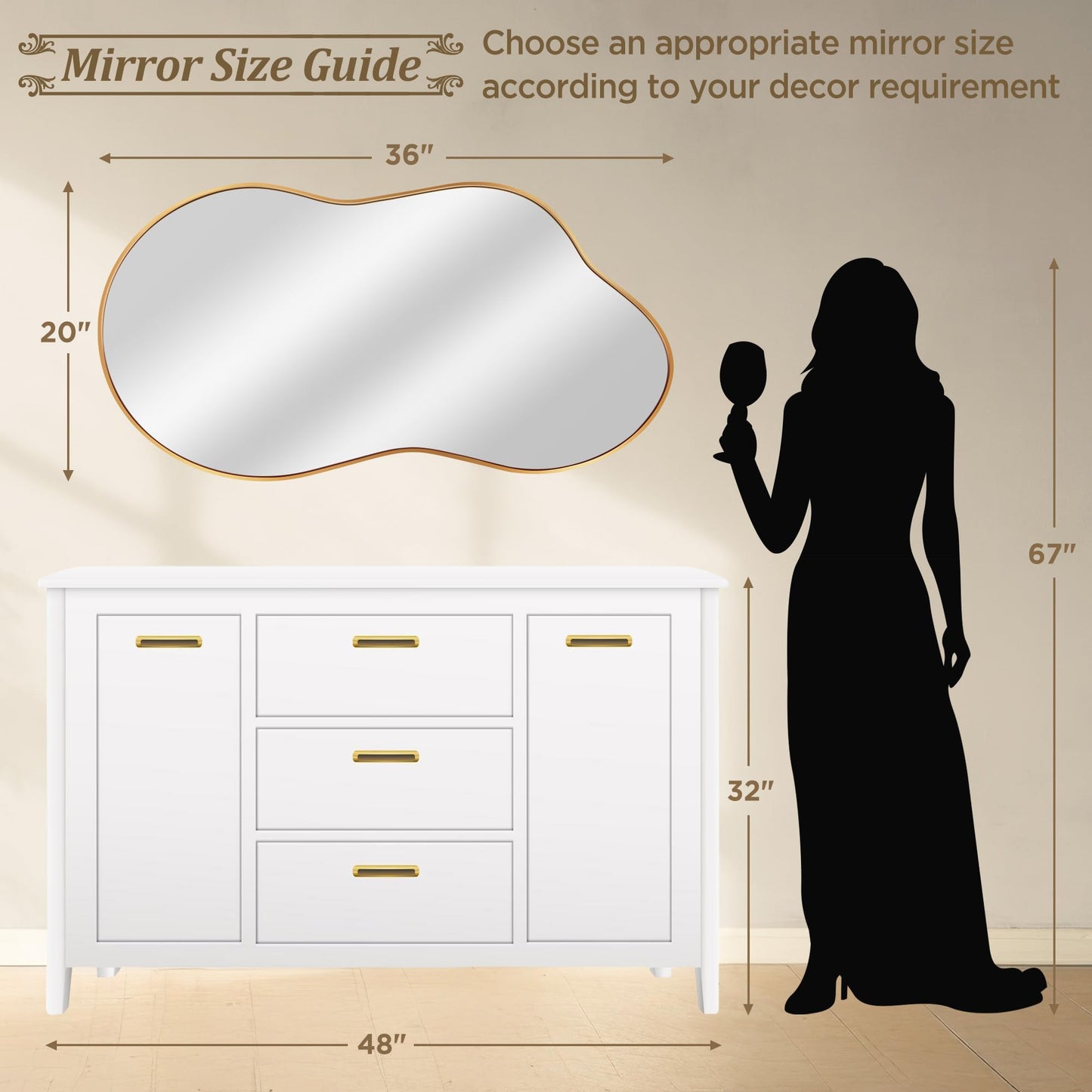 Dorlicecass Irregular Wall Mirror - Wall Mirrors Decorative 20"x36" Gold Asymmetrical Mirror Tempered Glass Aviation Aluminum Alloy Frame for Bathroom, Bedroom, Living Room, Cloakroom, Entryway