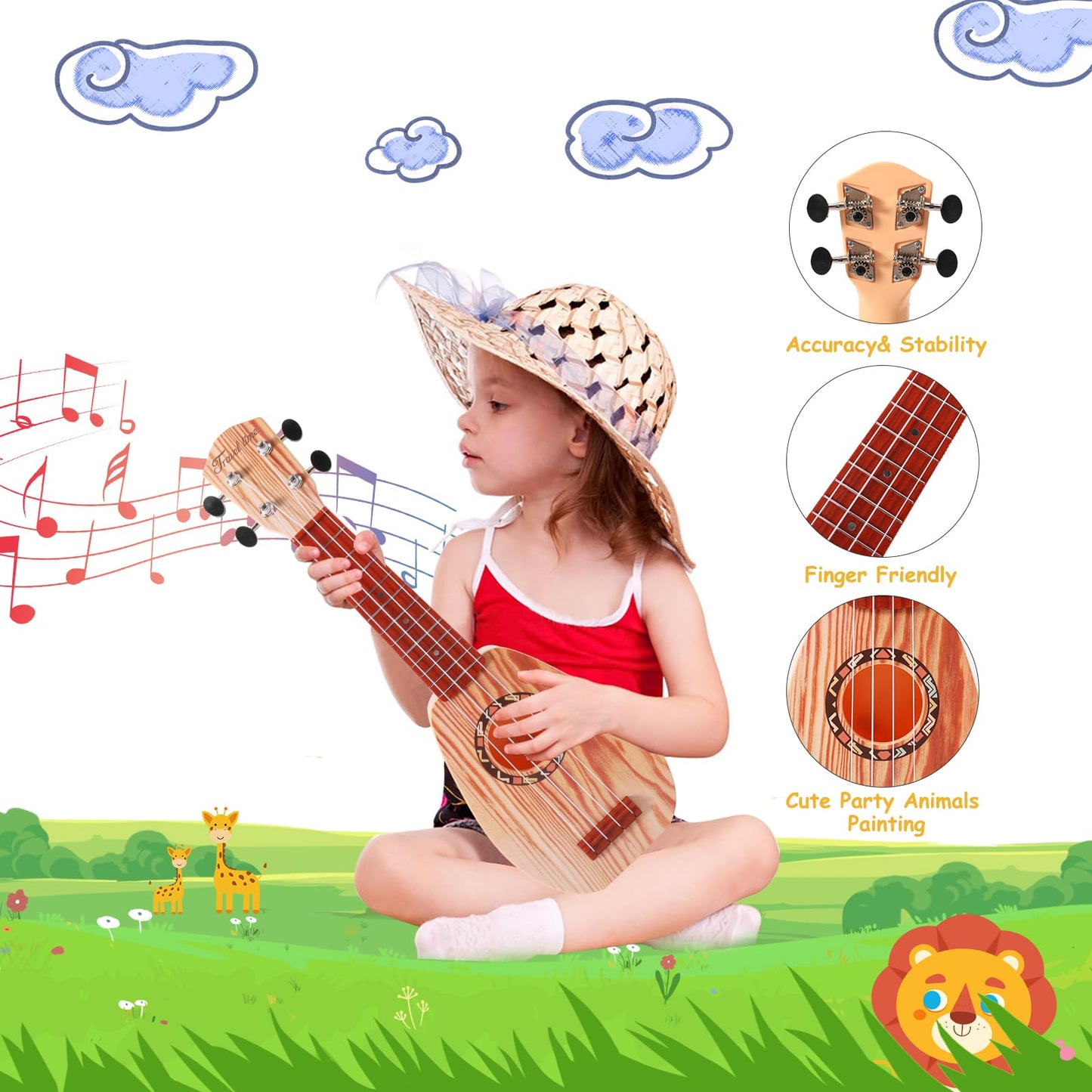 17" Mini Guitar Ukulele Toy for Kids 4 Strings Keep Tones Can Play Not Electronic Ukulele Children Musical Instruments Educational Toys with The Picks and Strap for Beginner Starter (Light Color)