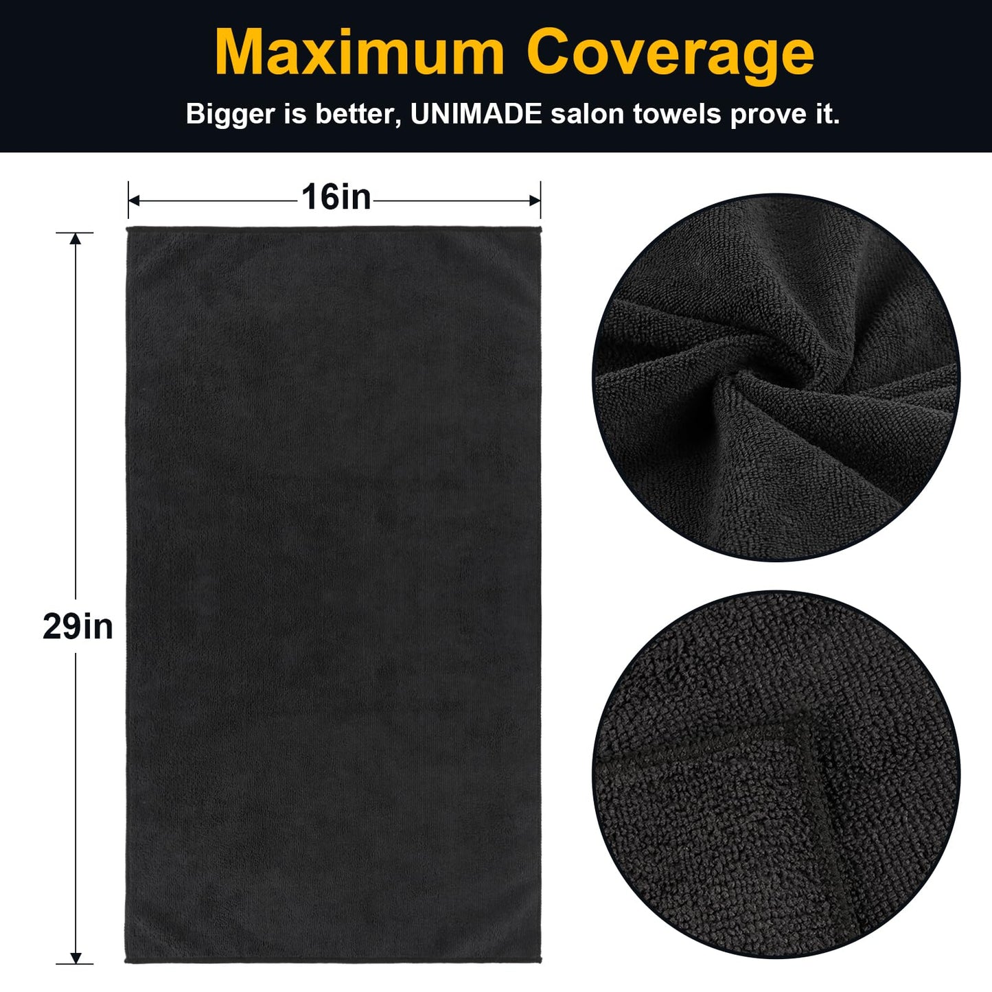 UNIMADE Salon Towels 24 Pack, Microfiber Barber Towel Bulk, (16x29 inches) Hair-Drying Cloth Super Soft Black Hand Cloths for Gym, Bath, Spa Use and Home Beauty Care(Not Bleach Proof)