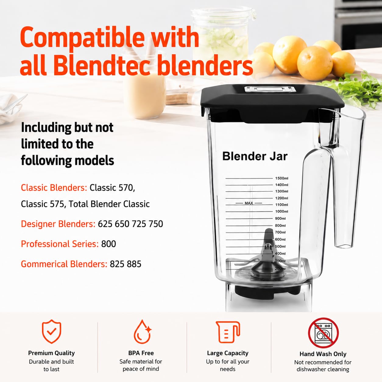 besingki 90 oz Replacement Jar Compatible with Blendtec Blender, Container Pitcher Fits All Consumer and Commercial Models, Includes Blade and Lid