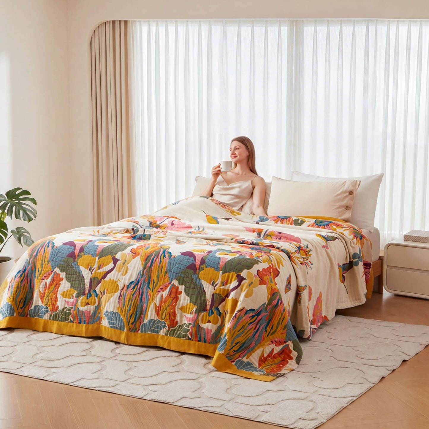 Wzvzss Boho Throw Blanket - 100% Cotton Soft Summer Throw Blanket for Bed, 90"x108" Reversible Breathable Lightweight Blankets, All Seasons Farmhouse Decor Floral Plant Butterfly Throw Quilt