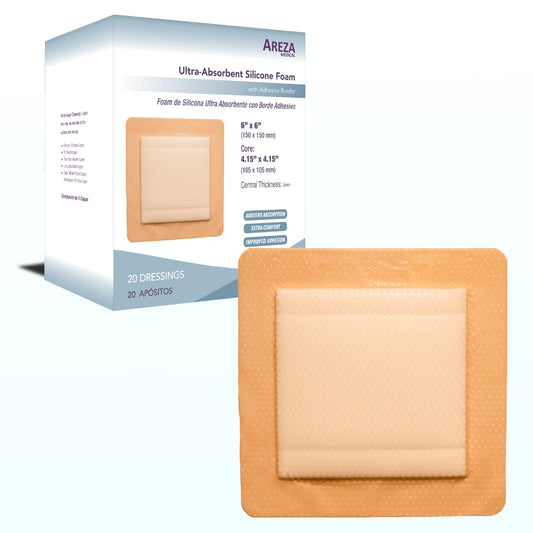 Areza Medical - Silicone Foam with Super-Absorbent Layer - Wound Dressing - Waterproof - with Silicone Adhesive Border - Sterile - 6" x 6" - 20 PCS per Box - FSA/HSA Approved