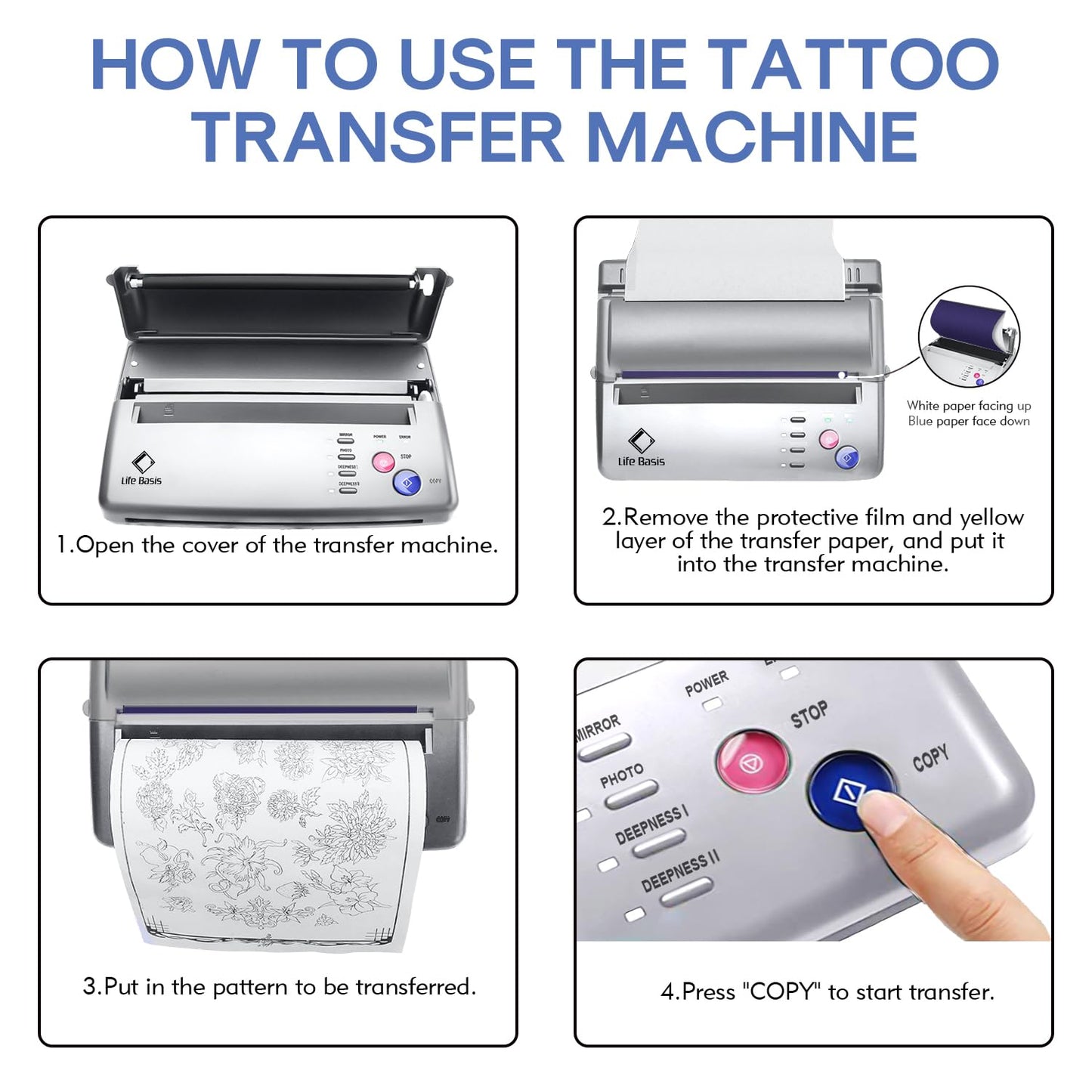 LifeBasis Tattoo Transfer Stencil Machine Professional Thermal Tattoo Stencil Printer with Tattoo Transfer Paper 20 Sheets Tattoo Printer Kit for Men