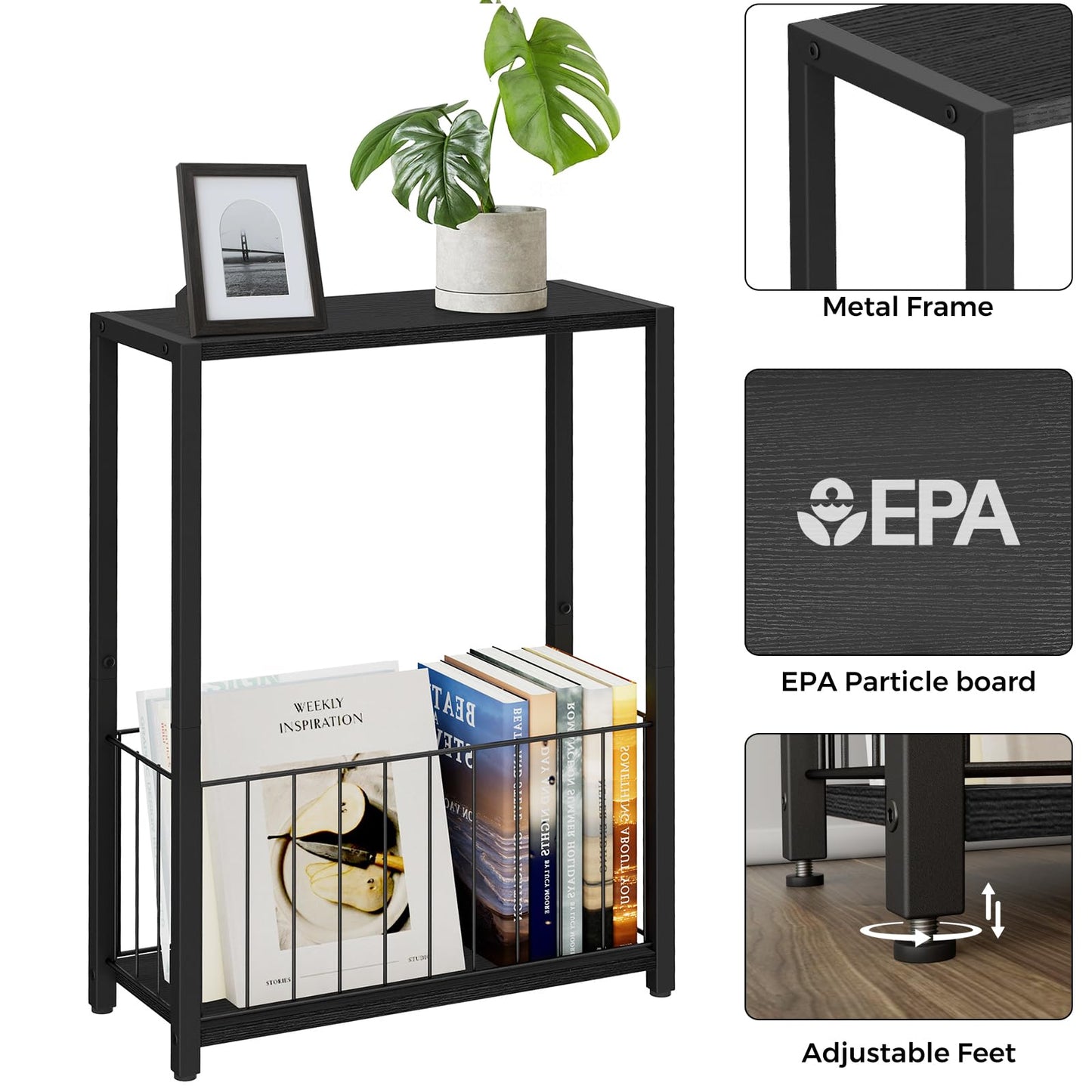 Homleke Narrow Side Tables Set of 2 with Magazine Holder, Skinny End Tables Perfect for Small Spaces, Space-Saving Design for Living Room, Bedroom, or Office, 7.1" D x 16.9" W x 23.6" H, Black
