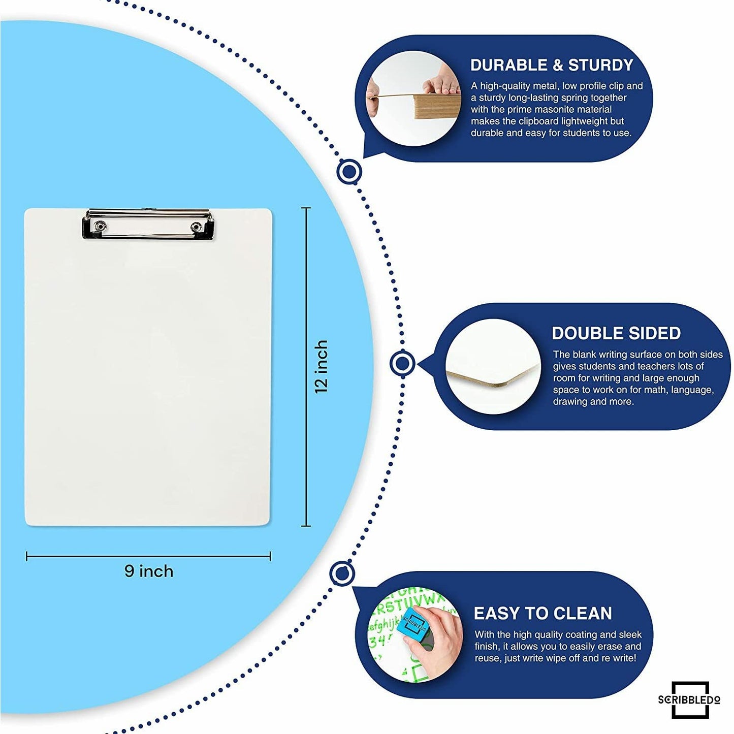 SCRIBBLEDO 30 Pack Double Sided Dry Erase Clipboards 9"x12" Durable Clipboards Bulk with 30 Dry Erase Erasers, Clipboard with Low Profile Clip for School, Classroom and Home Use