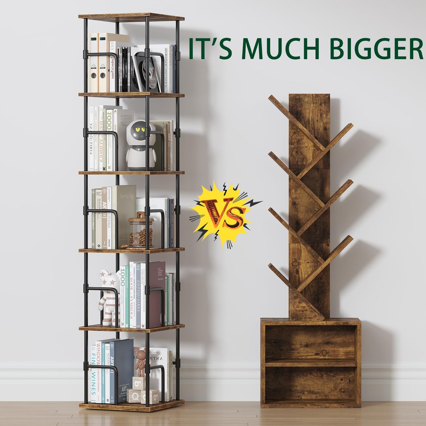 swlongbooks 5-Tier Rotating Bookshelf, Freestanding Corner Bookshelf, 360° Spinning Bookcase Industrial Style Storage Rack with Rails, for Living Room, Bedroom, Study