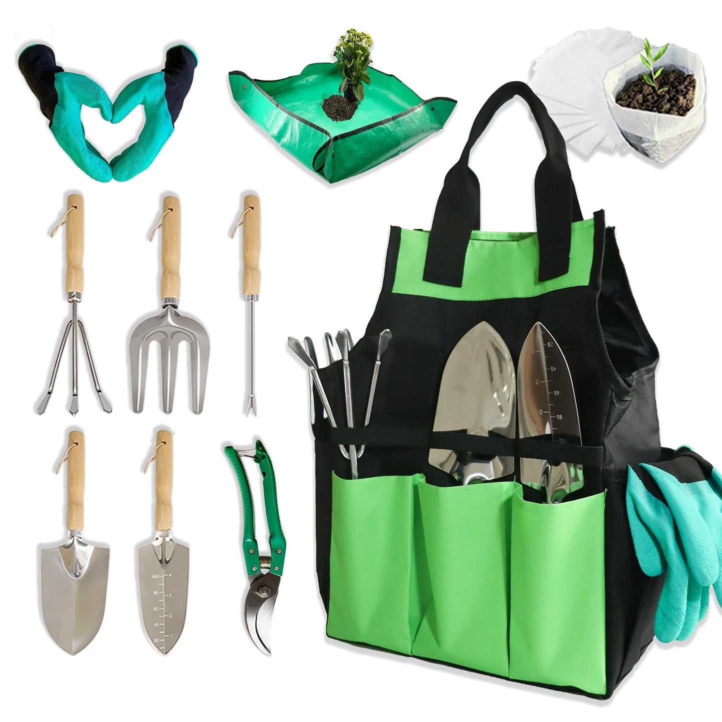 Garden Tool Set of 10 Pieces, Heavy-Duty Stainless Steel Gardening Hand Tools with Repotting Mat and Grow Bags, Gardening Tool Set with Durable Gardening Bag, Ideal Gardening Gifts for Women Men
