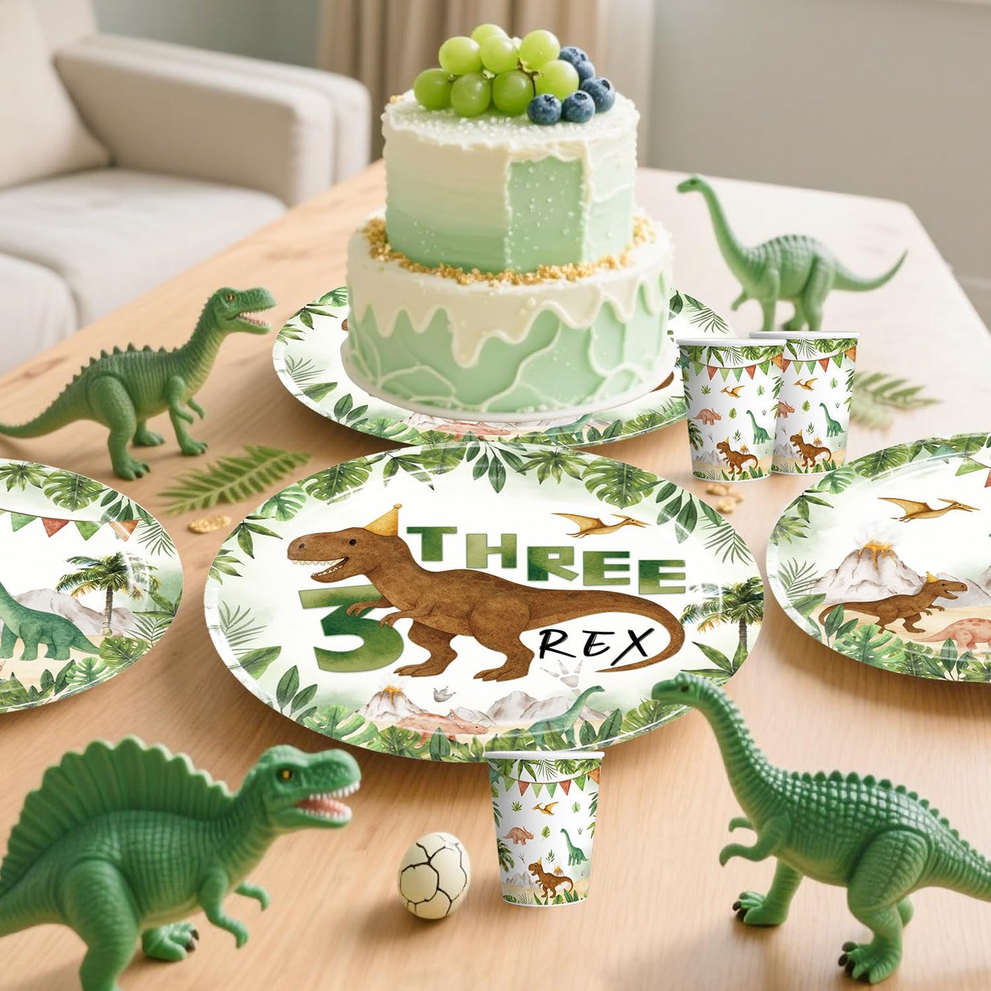 cocomigo 267pcs Three Rex Birthday Decorations Boy Complete Party Set, 3 Rex Birthday Decorations Boys, Serves 25 Guests, for Dinosaur Theme 3rd Party Supplies