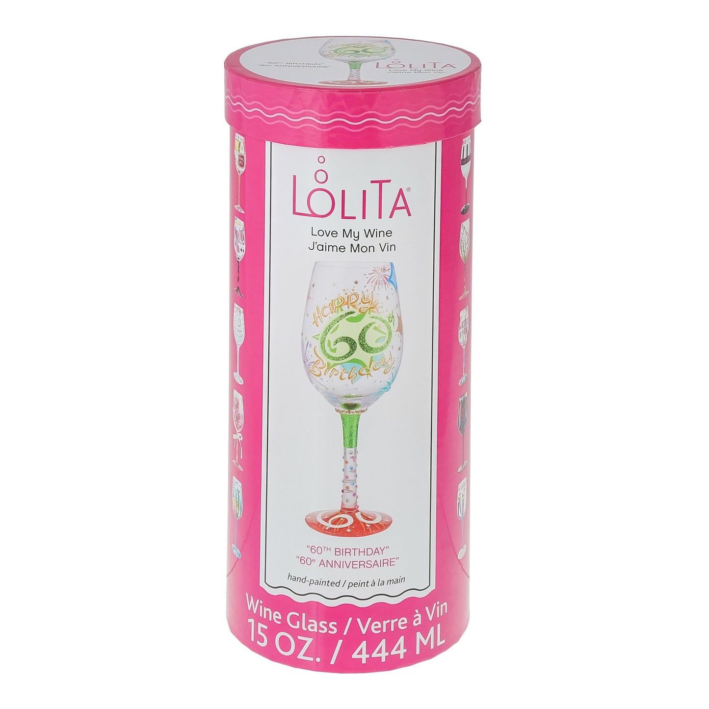 Enesco Designs by Lolita Happy 60th Birthday Hand-Painted Artisan Wine Glass, 15 Ounce, Multicolor